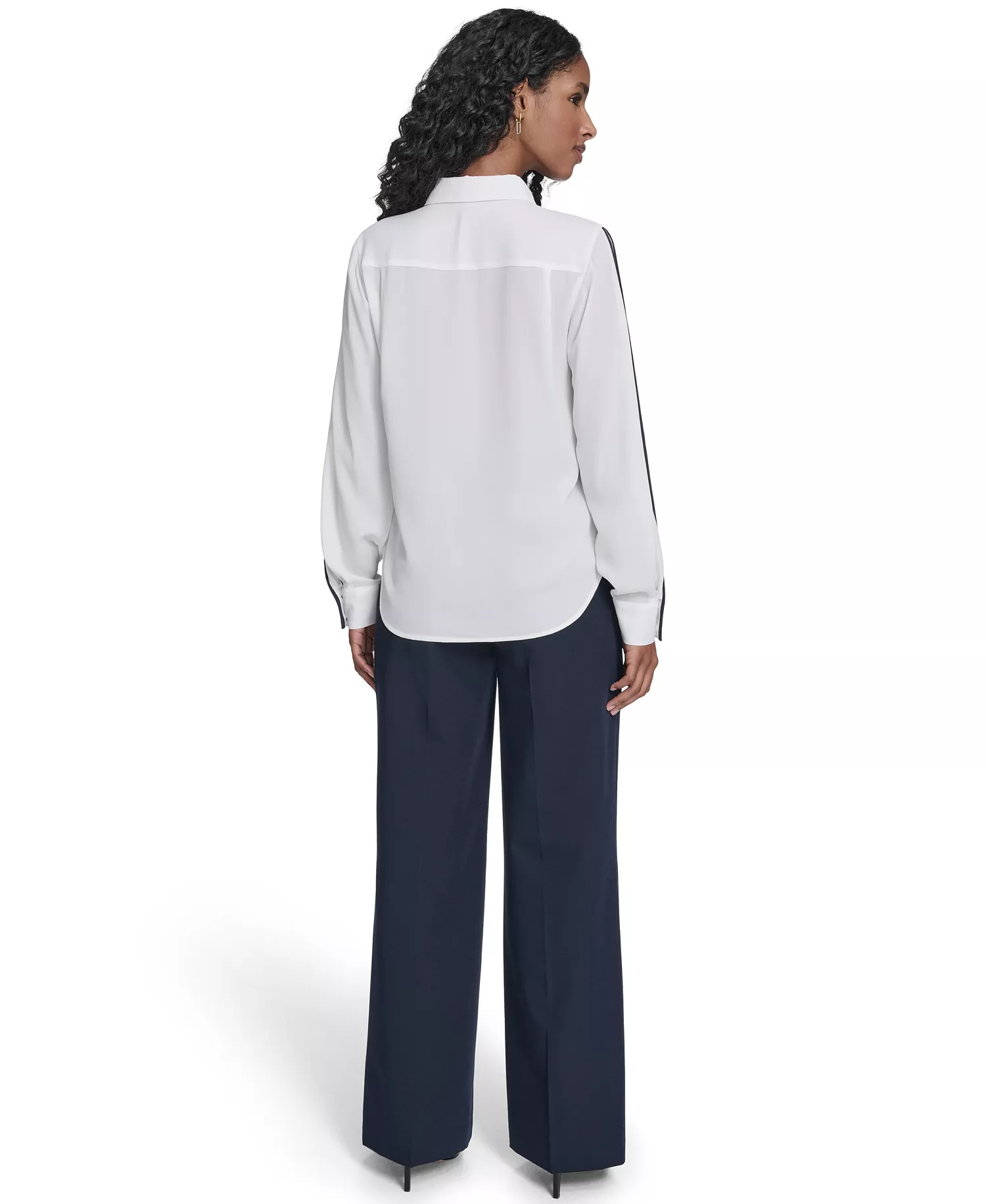 Women's Long Sleeve Contrast Trim Button-Up Blouse - Ivory - L