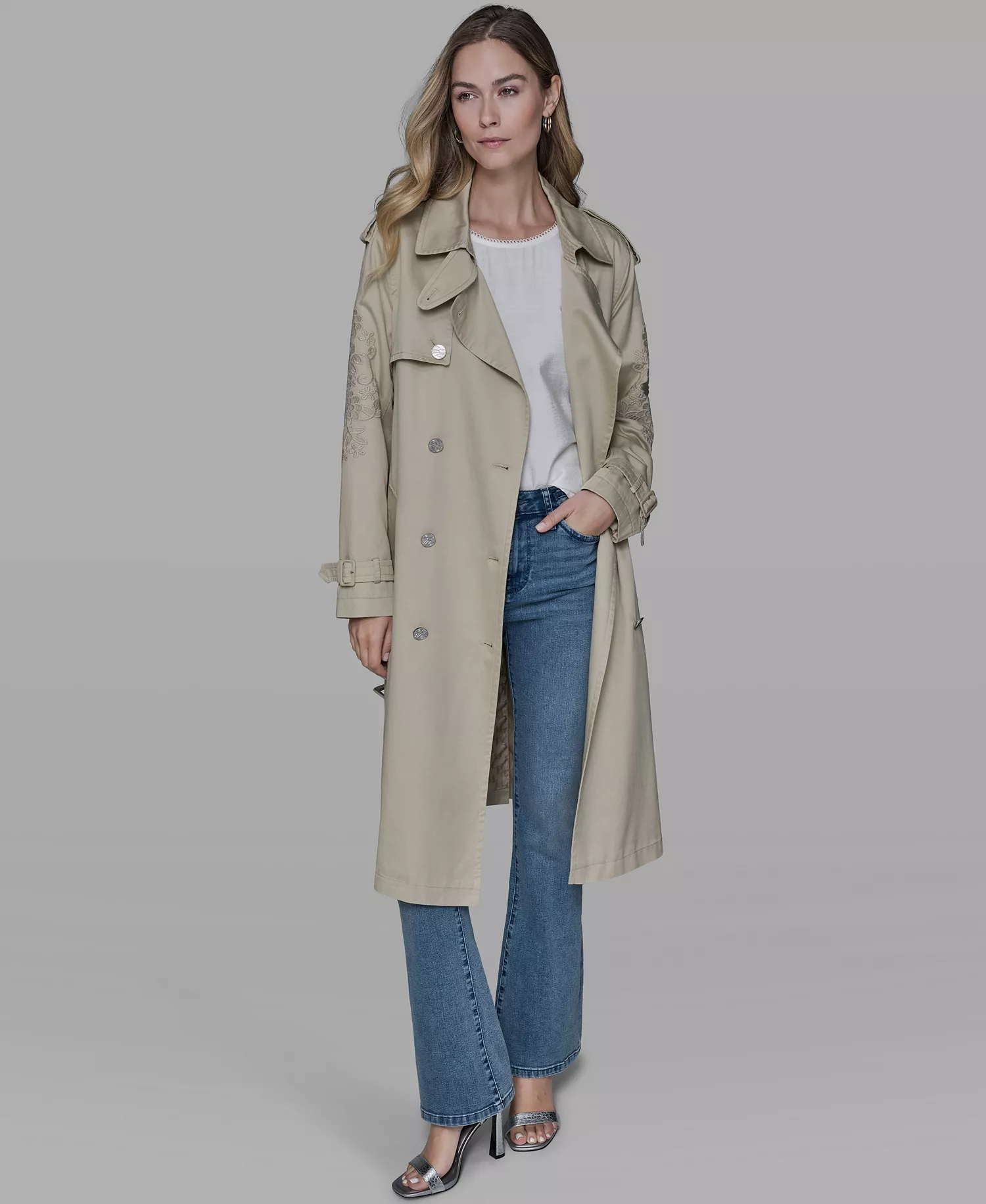 Women's Embroidered Collar Trench Coat - Desert Sand - L