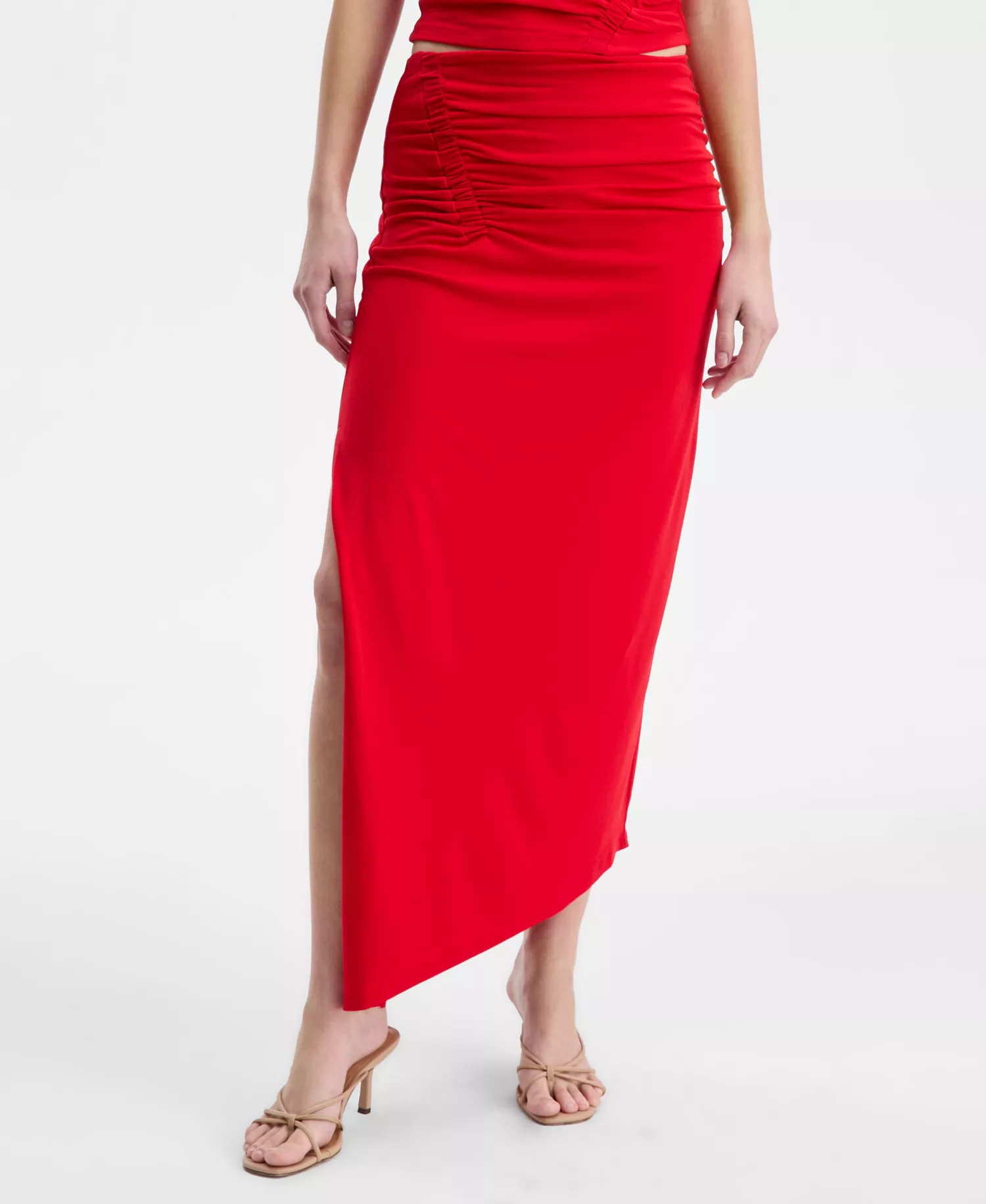 Women's Asymmetrical Ruched Midi Skirt, Macy's Exclusive - Ablaze - L