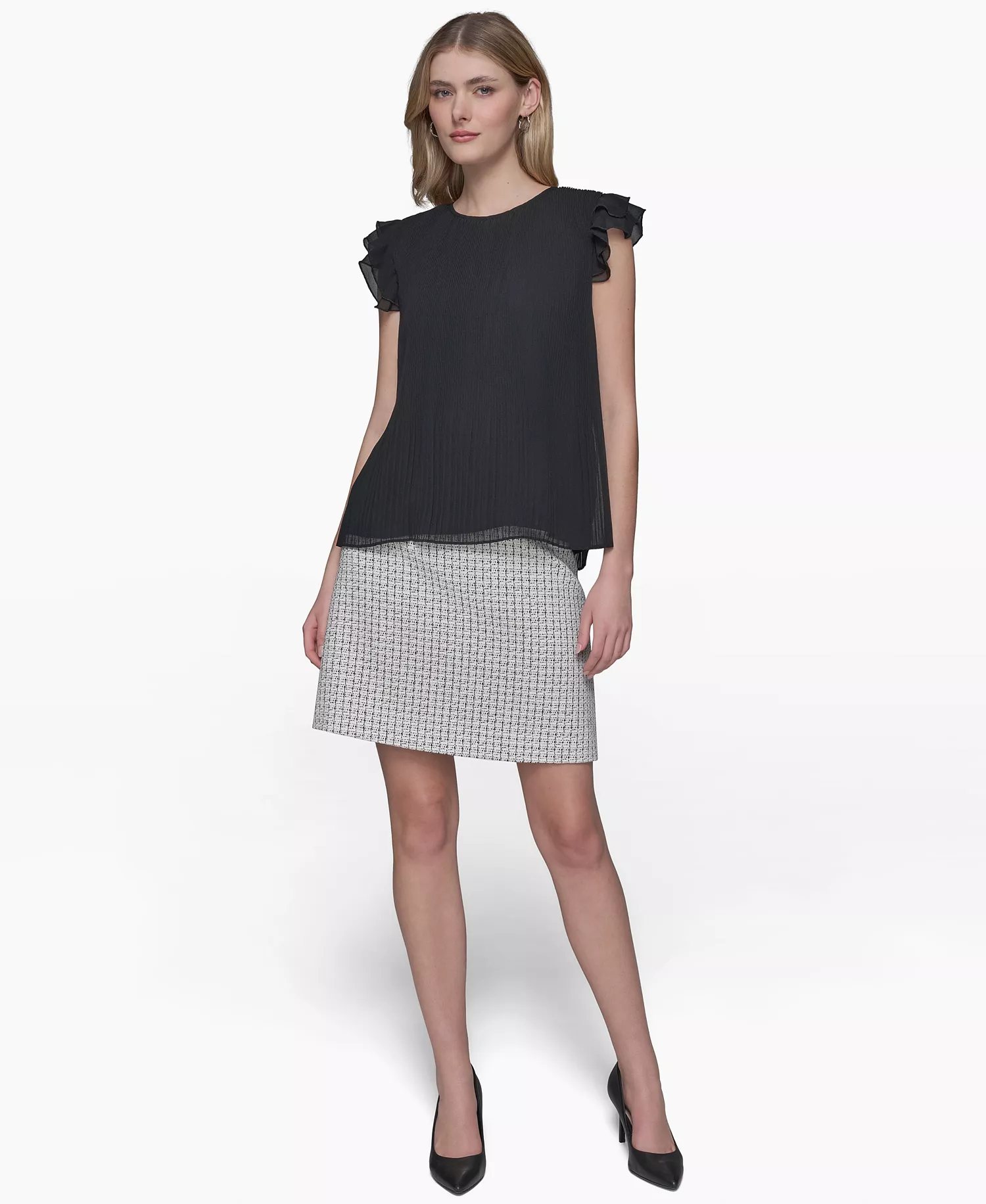 Women's Flutter-Sleeve Blouse - Black - M