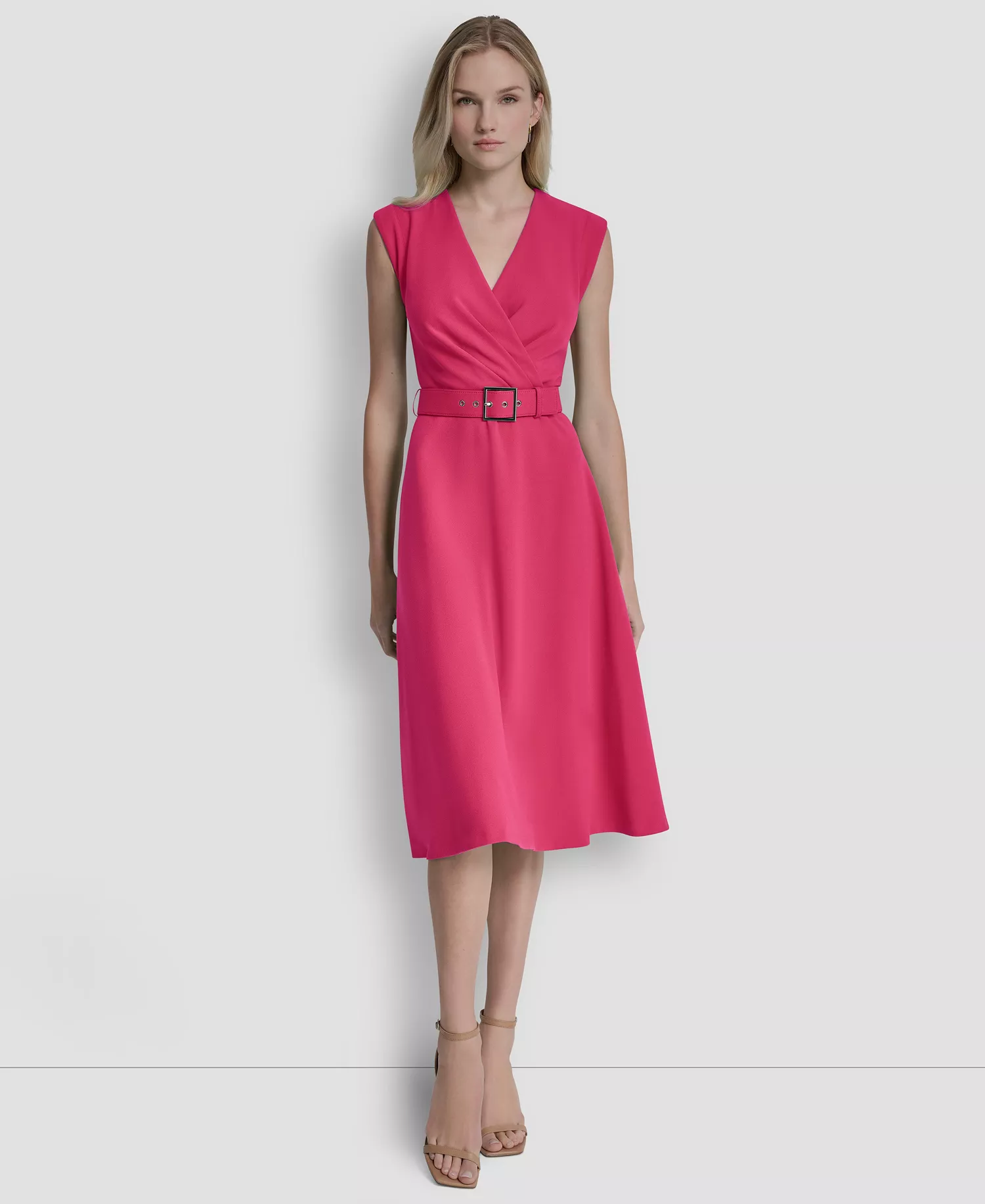 Women's V-Neck Belted Dress - Hot Pink - 10