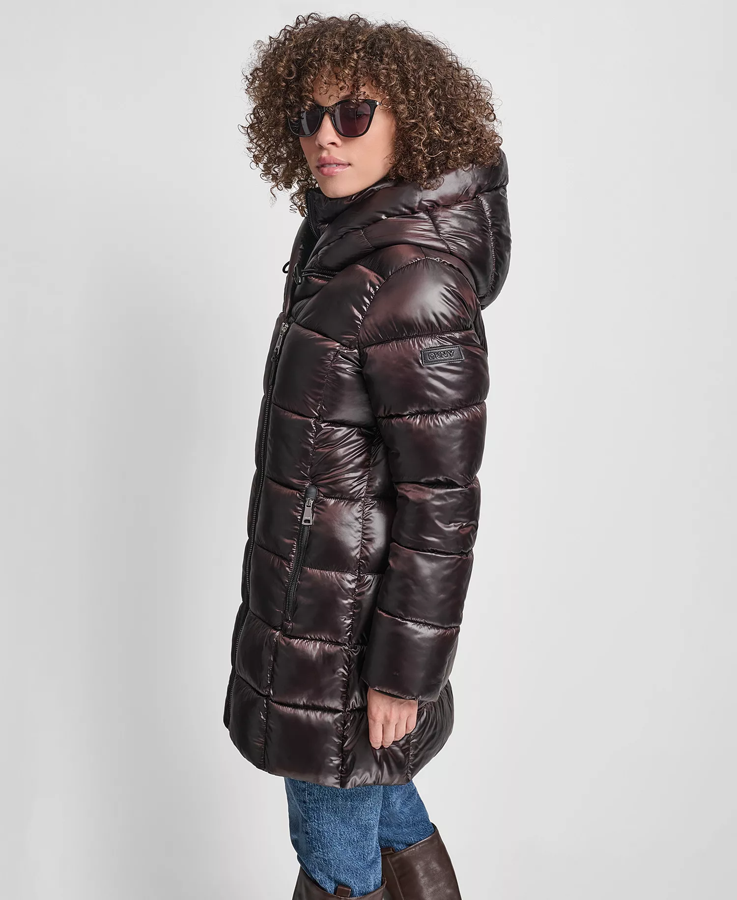 Women's Bibbed Shawl-Collar Packable Shine Puffer Coat - Bitter - L