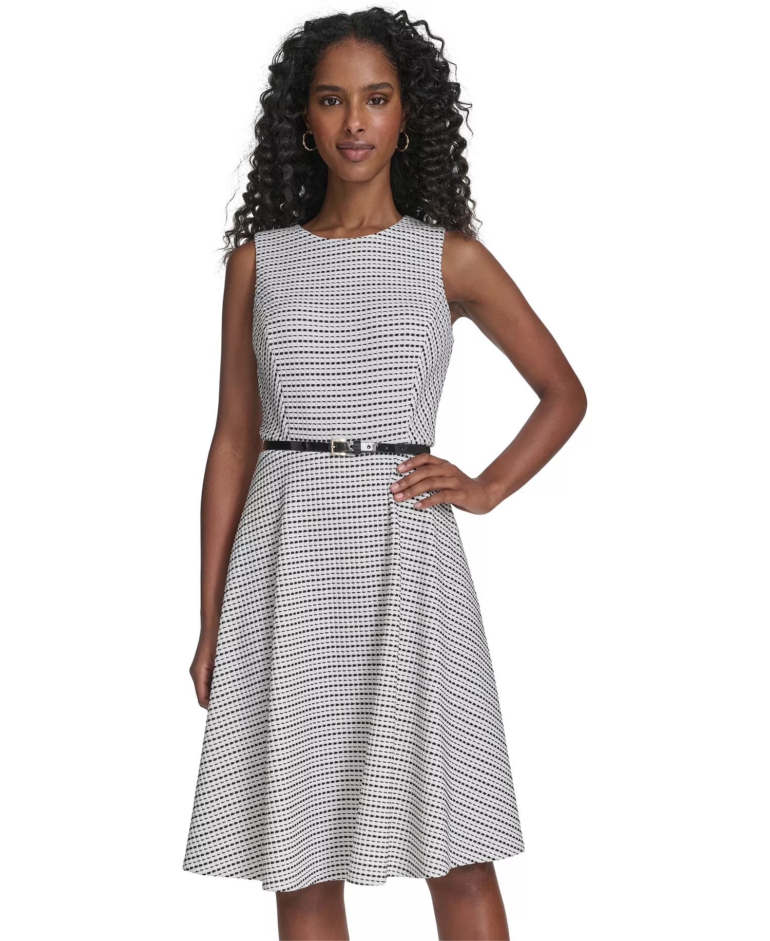 Women's Sleeveless Pick Stitch Knit Belted Midi Dress - Ivory/Black - 10