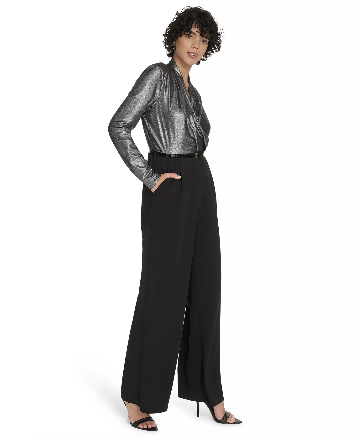 Women's Shimmer Belted Wide-Leg Jumpsuit - BLACK.SILVER - 10
