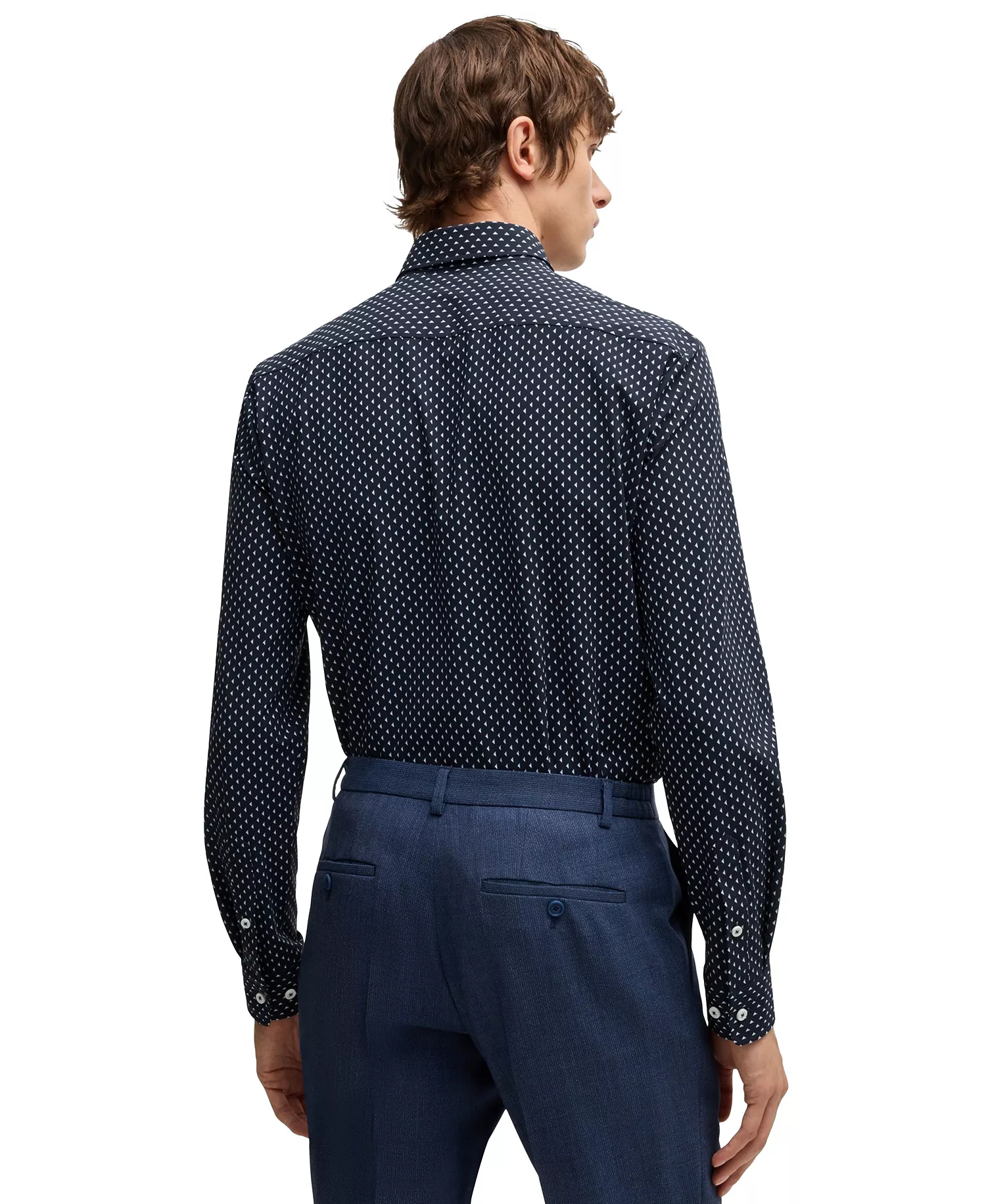 Men's Slim-Fit Geometric Print Shirt - Navy - L