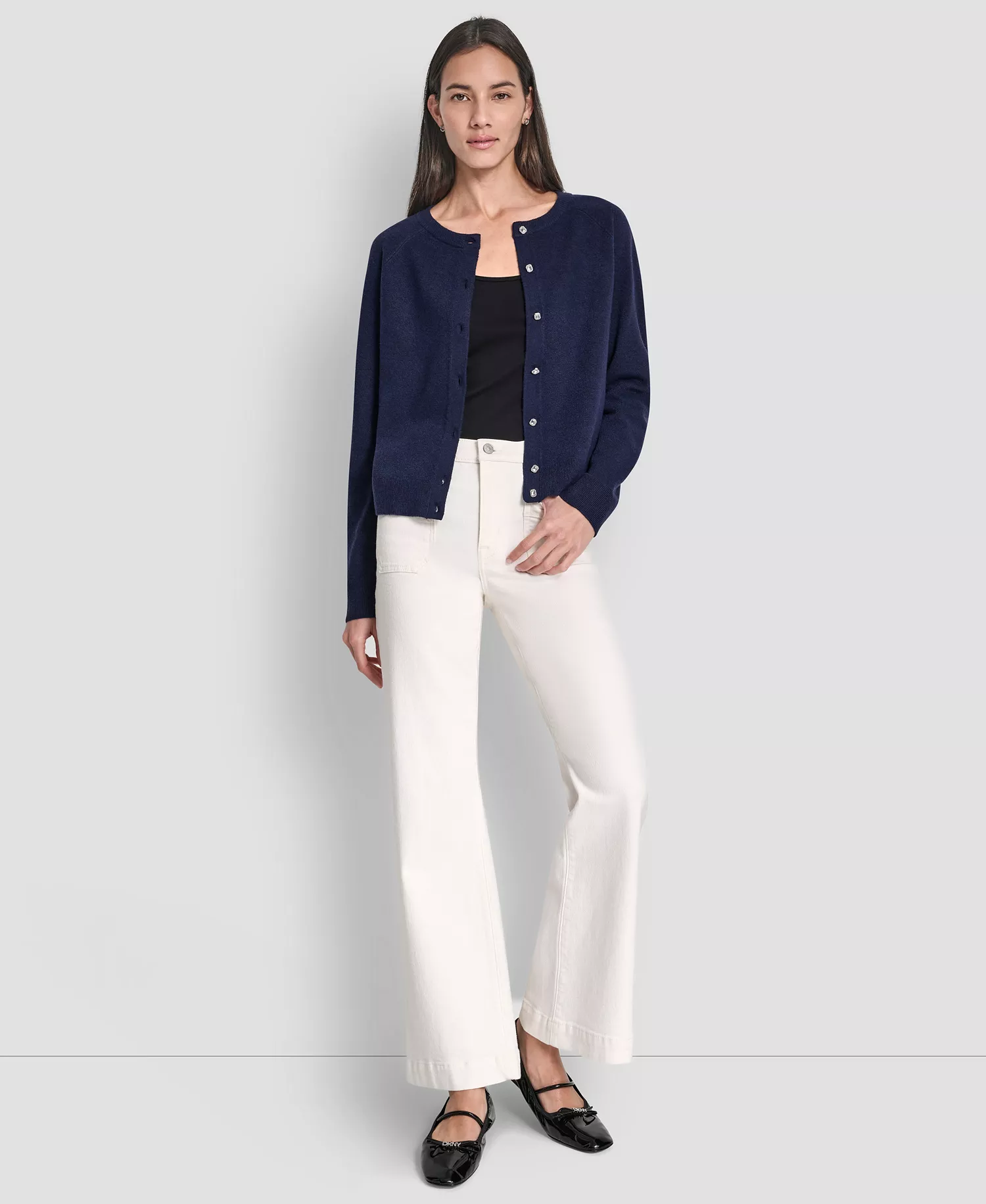 Petite Long-Sleeve Crew Neck Cardigan - Peacoat - PL