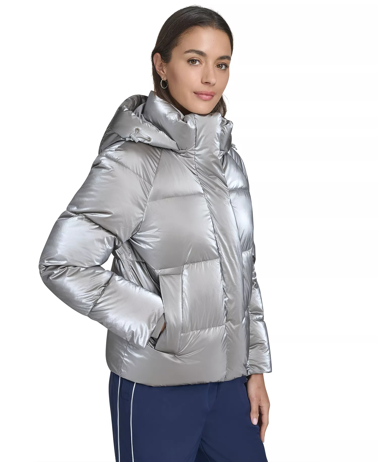 Women's Regular Quilted Hooded Puffer Jacket - Silver - L