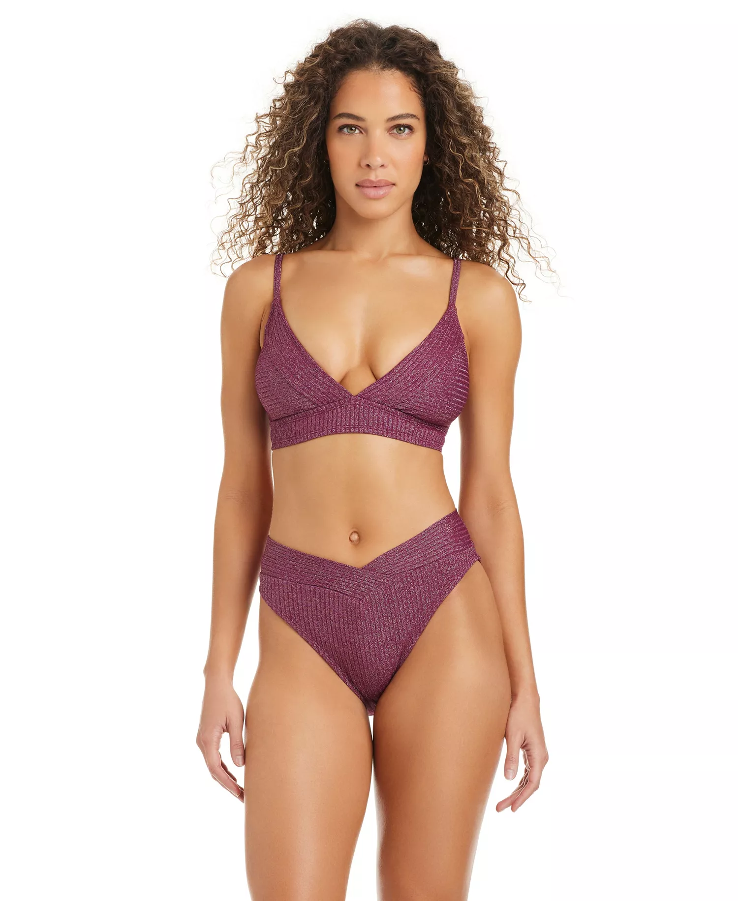 Women's Rib & Shine Over-The-Shoulder Swimsuit Bra, Macy's Exclusive - Burgandy - L