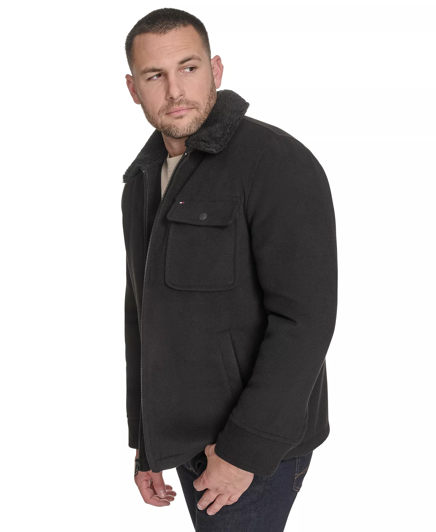 Men's Wool Blend Jacket with Sherpa Collar - Black - 2XL
