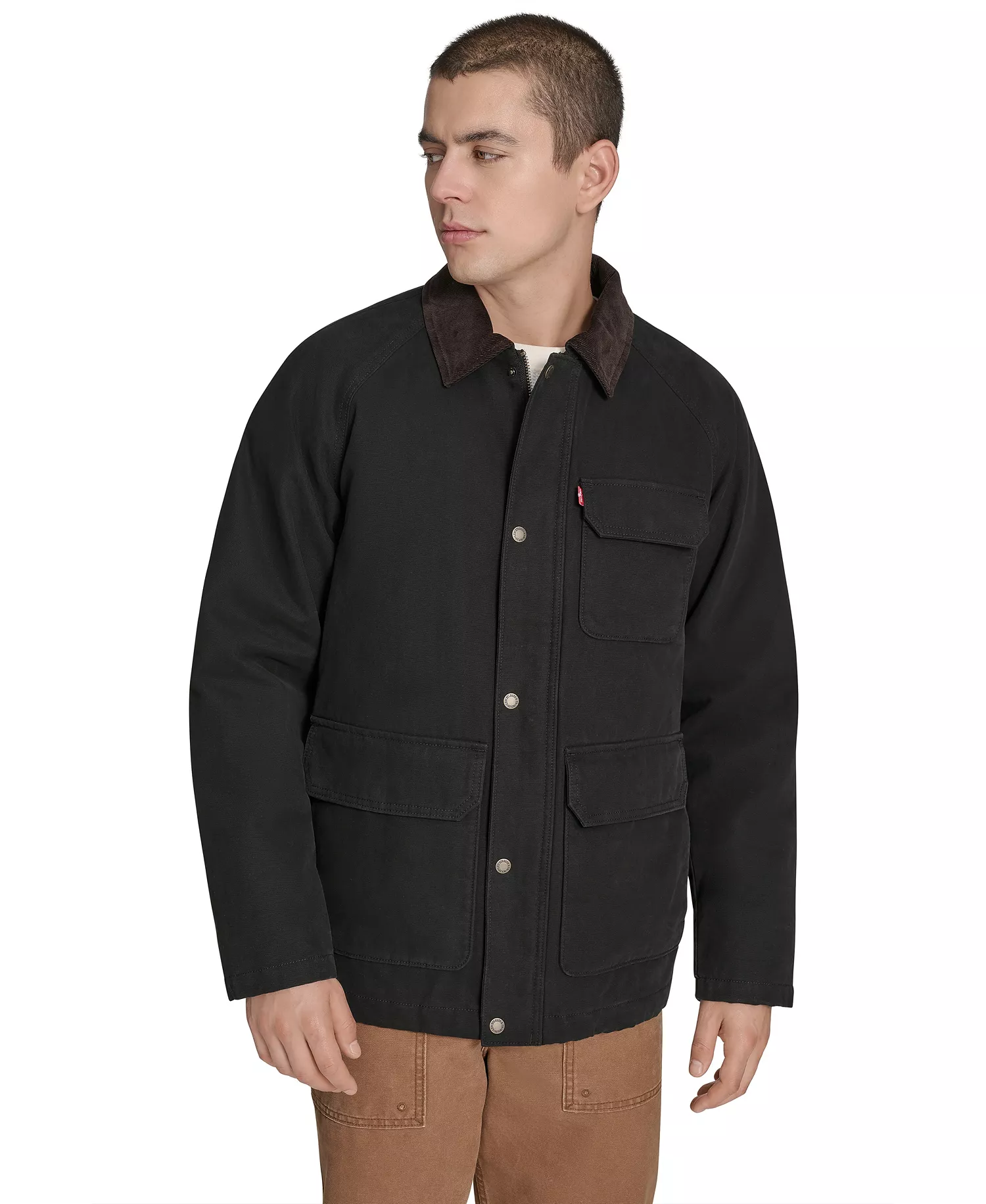 Men's Cotton Canvas with Corduroy Collar Barn Jacket  - Black - S