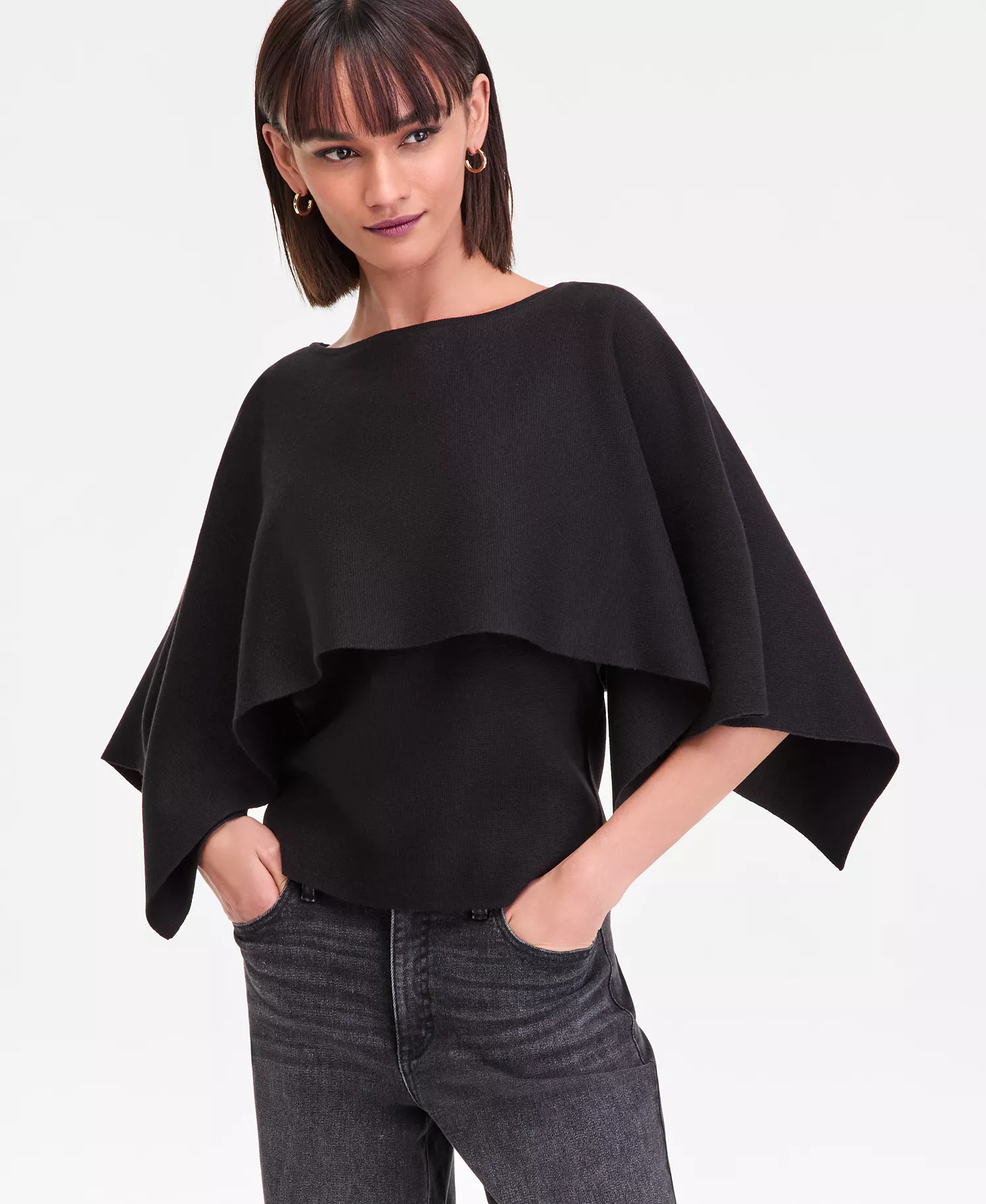 Women's Asymmetrical Cape Overlay Sweater, Macy's Exclusive - Deep Black - L