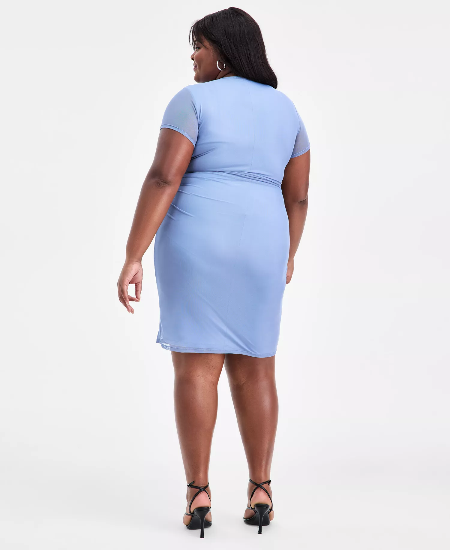 Trendy Plus Size Ruched Mesh Short-Sleeve Dress, Macy's Exclusive - Chambray - 0X