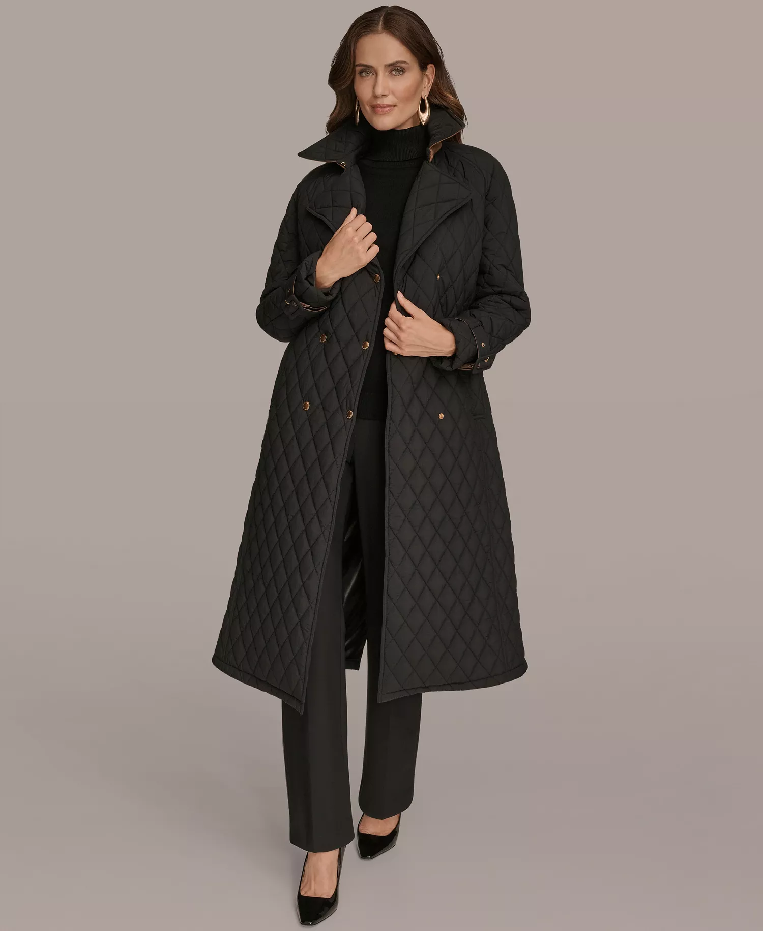 Women's Belted Maxi Quilted Coat - Black - M