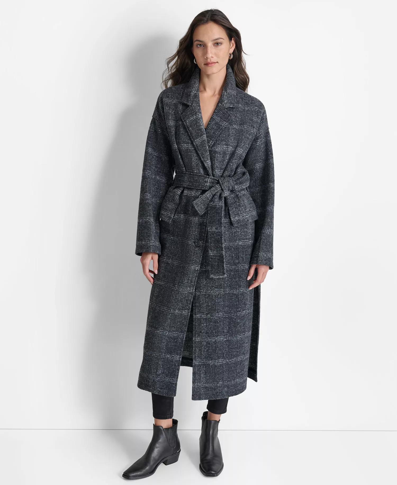 Women's Belted Long-Sleeve Robe Coat - Black green plaid - L