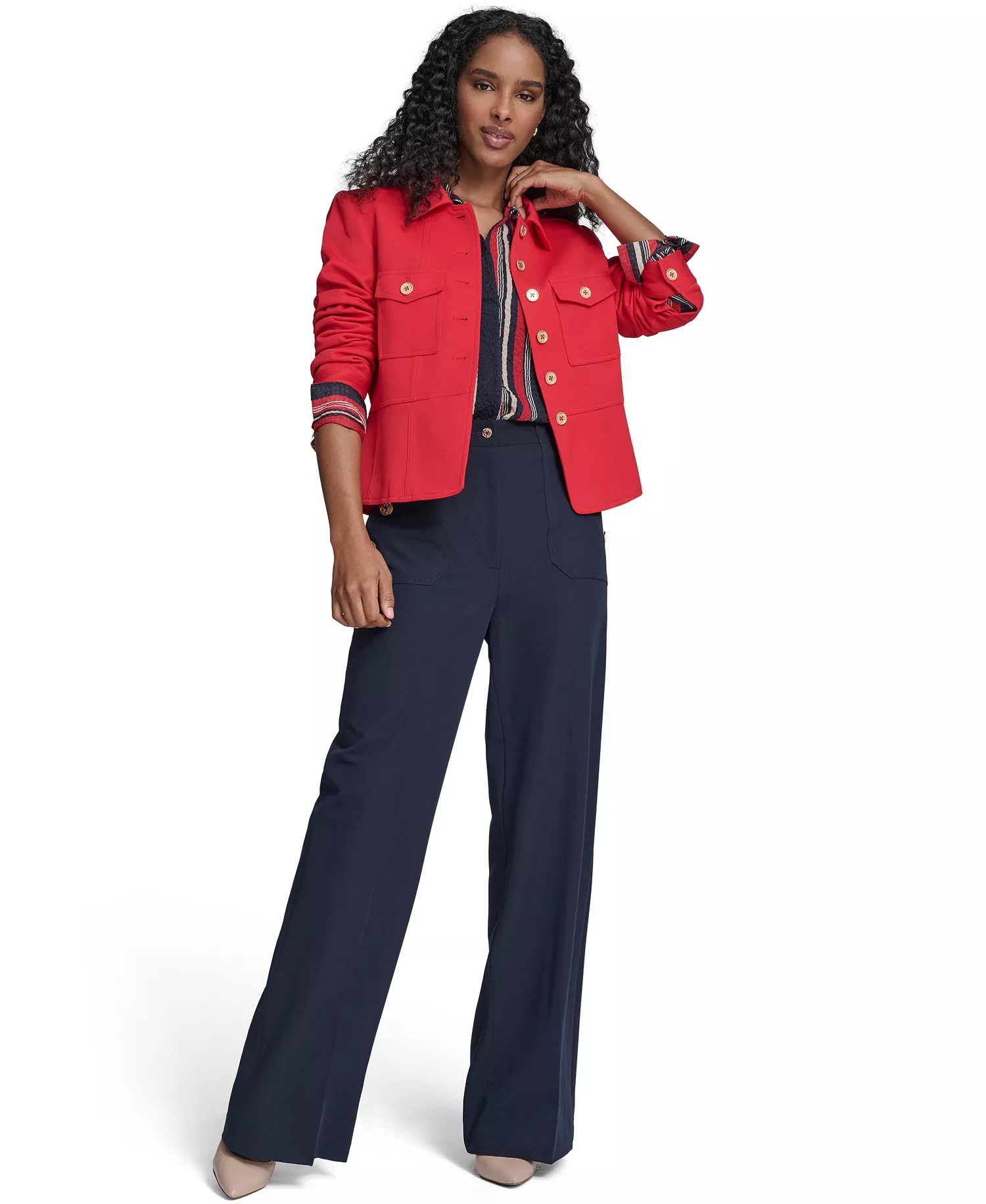 Women's Military Style Button Front Twill Jacket, Sailor Pants and Striped Popover Blouse - Scarlet - 0