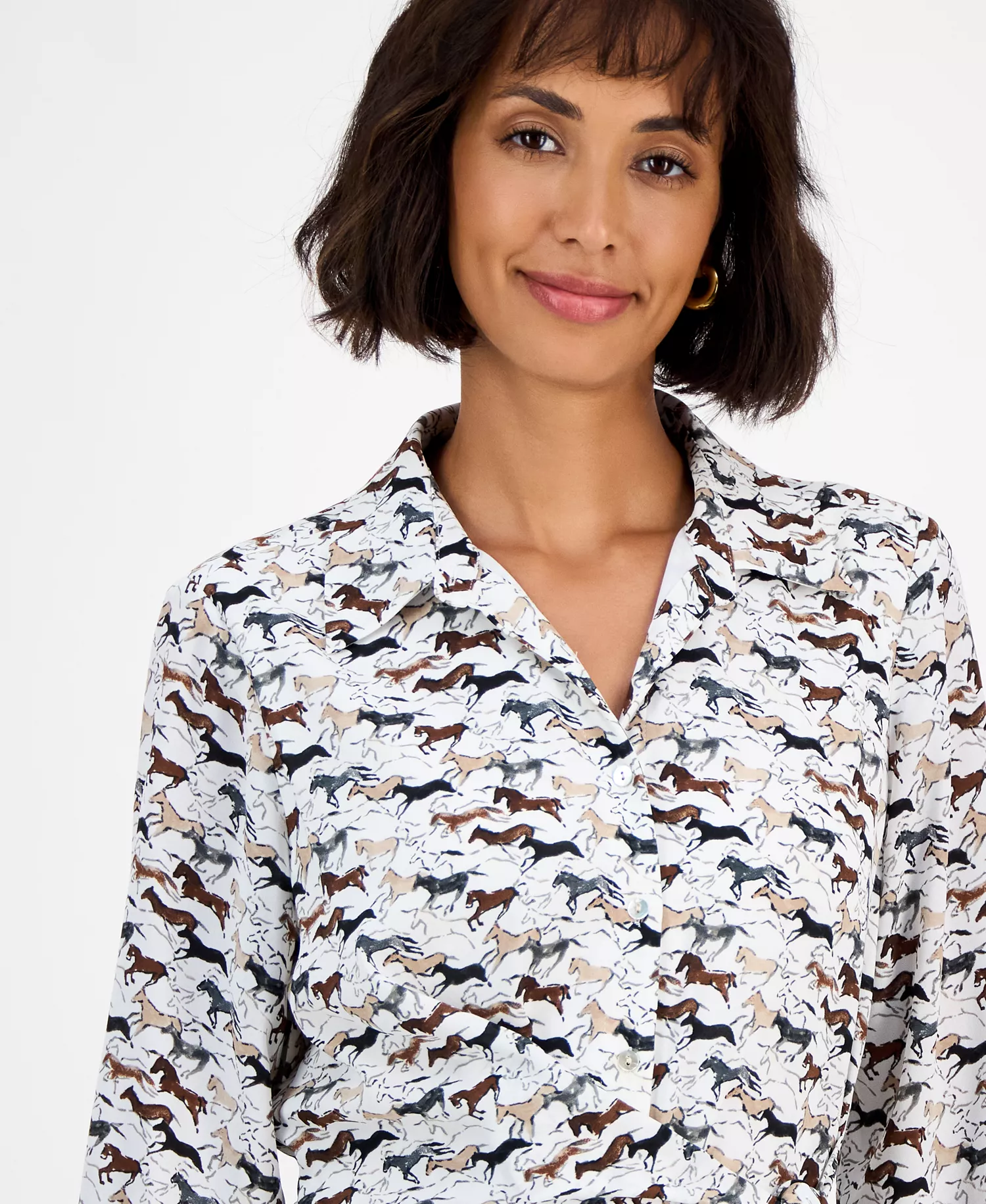 Women's Horse-Print Button-Front Long-Sleeve Dress - Wild Horse - L