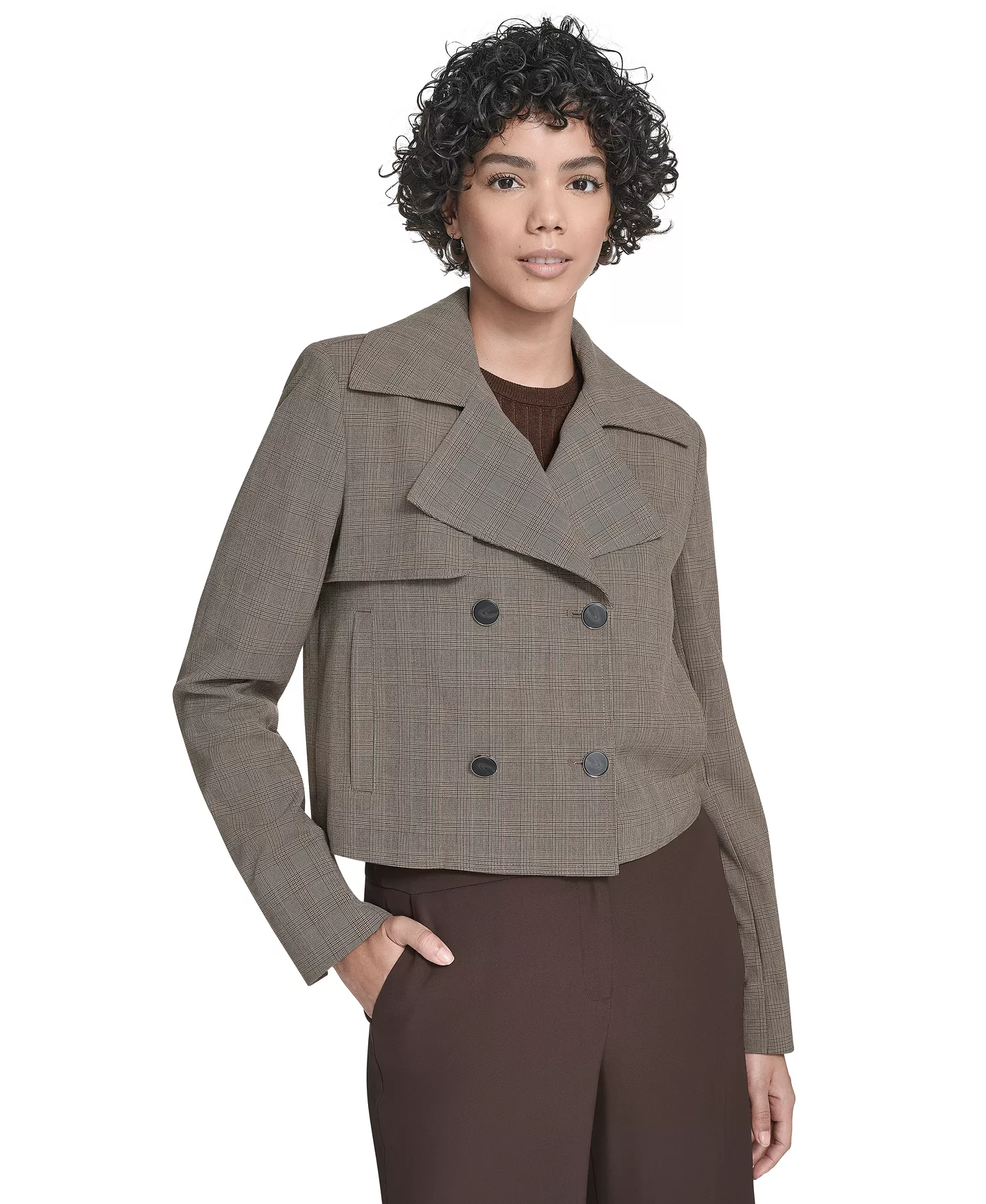 Women's Notch Lapel Collar Cropped Trench Jacket - Oak Leaf Multi - 10