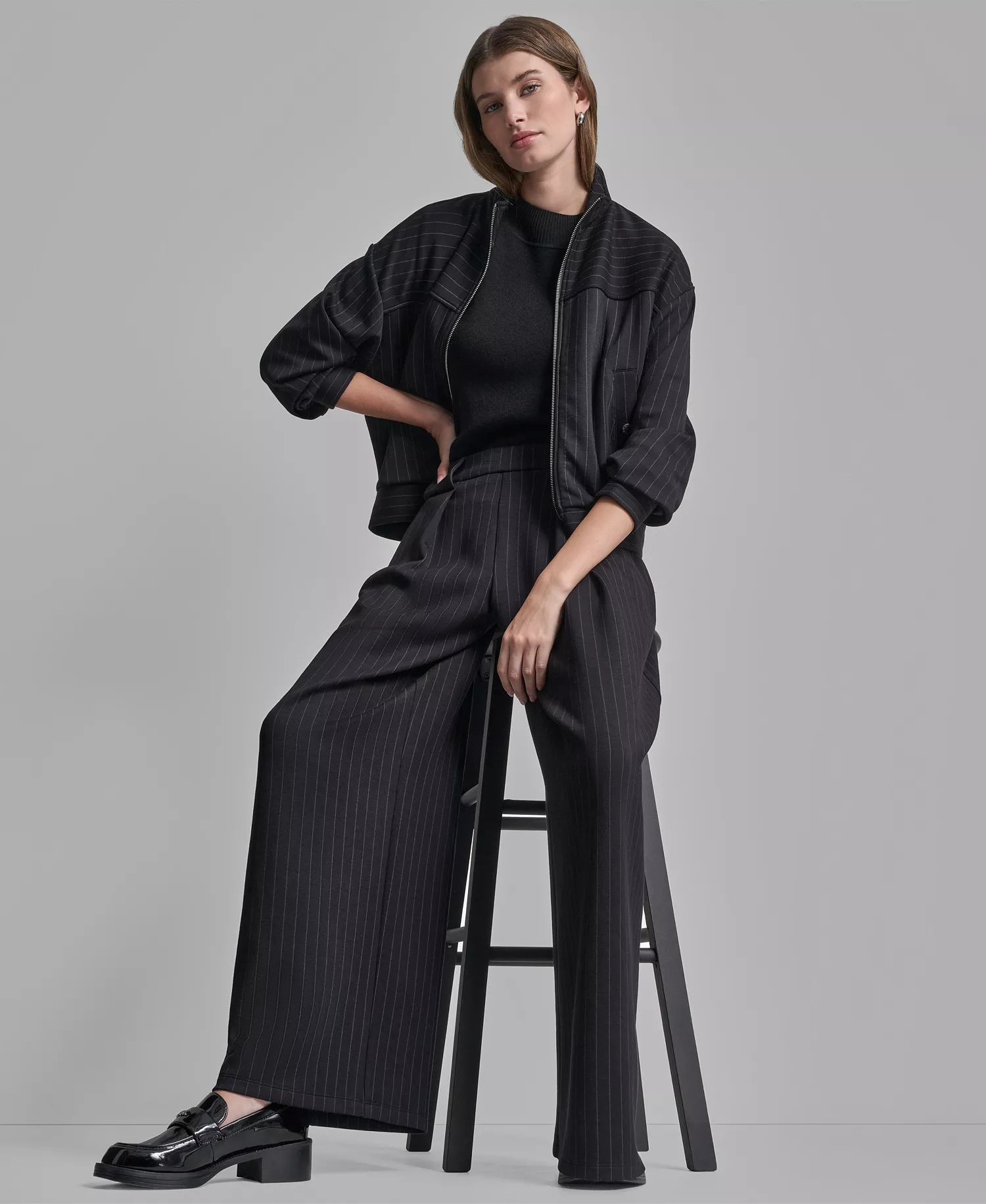 Women's Full-Zip Pinstripe Track Jacket and Straight-Leg Pleated Pinstripe Pants - Black Pinstripe - L