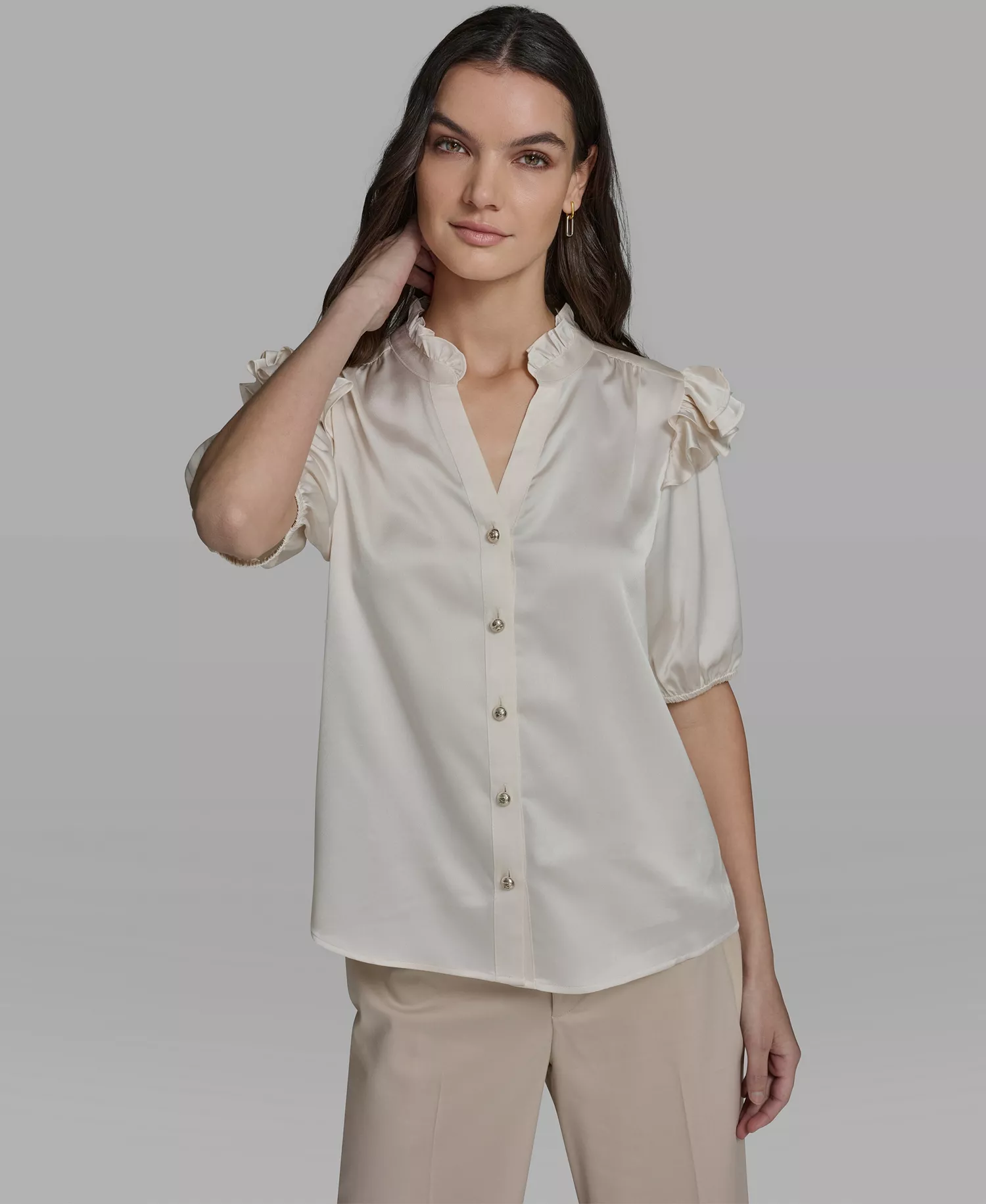 Women's Ruffle Shoulder V-Neck Top - Bisque - L