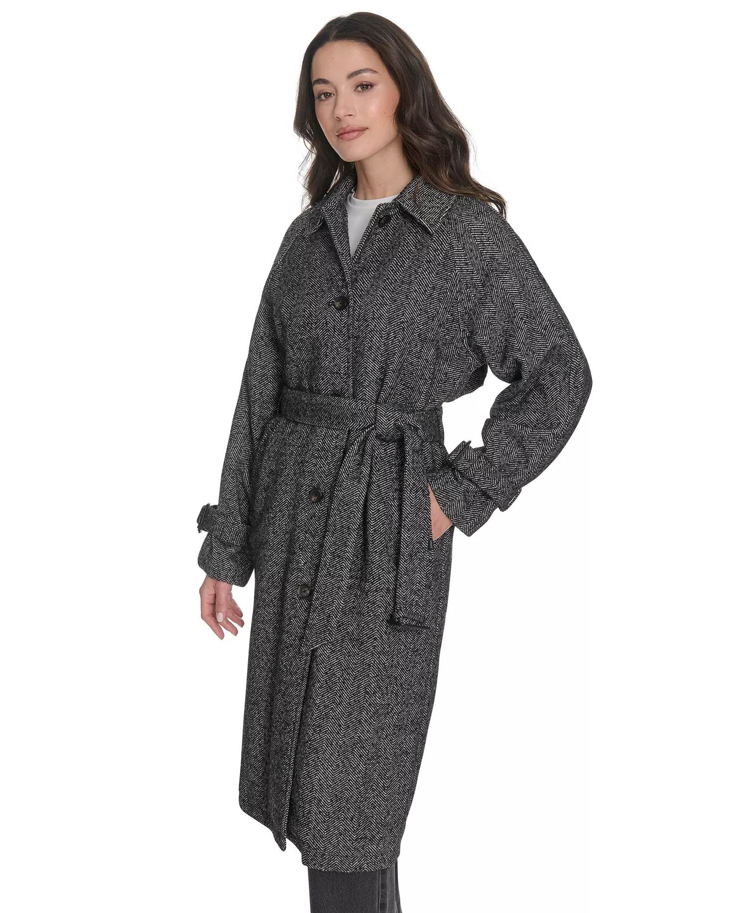 Women's Single Breasted Trench Jacket - Black/White Houndstooth - L