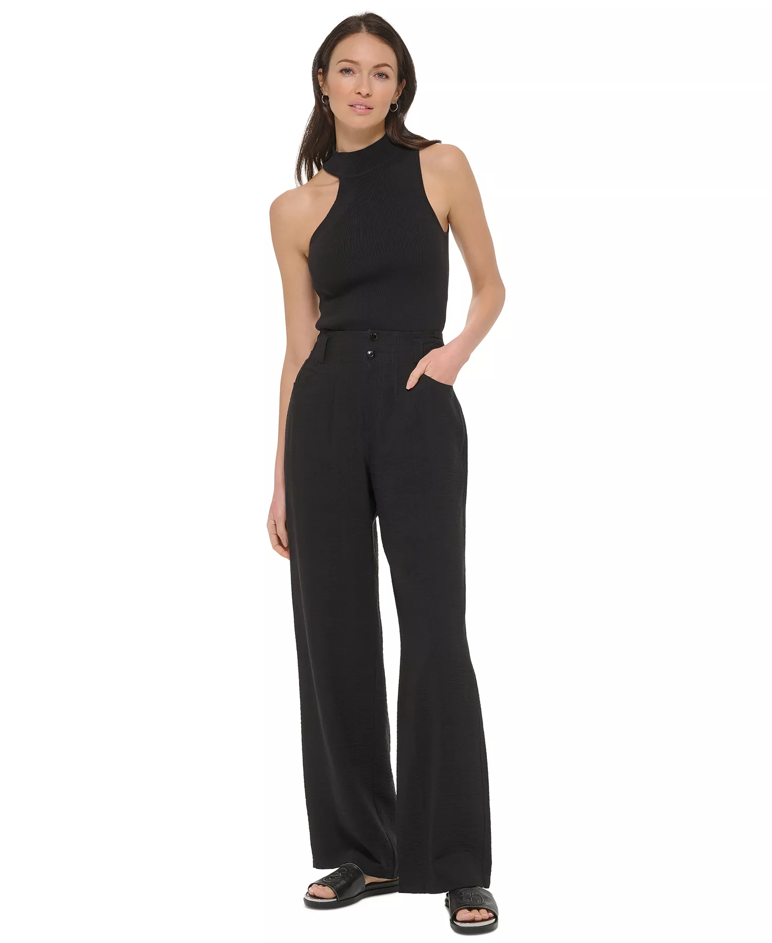 Women's Top-Stitched Crinkle Trousers - Black - 0