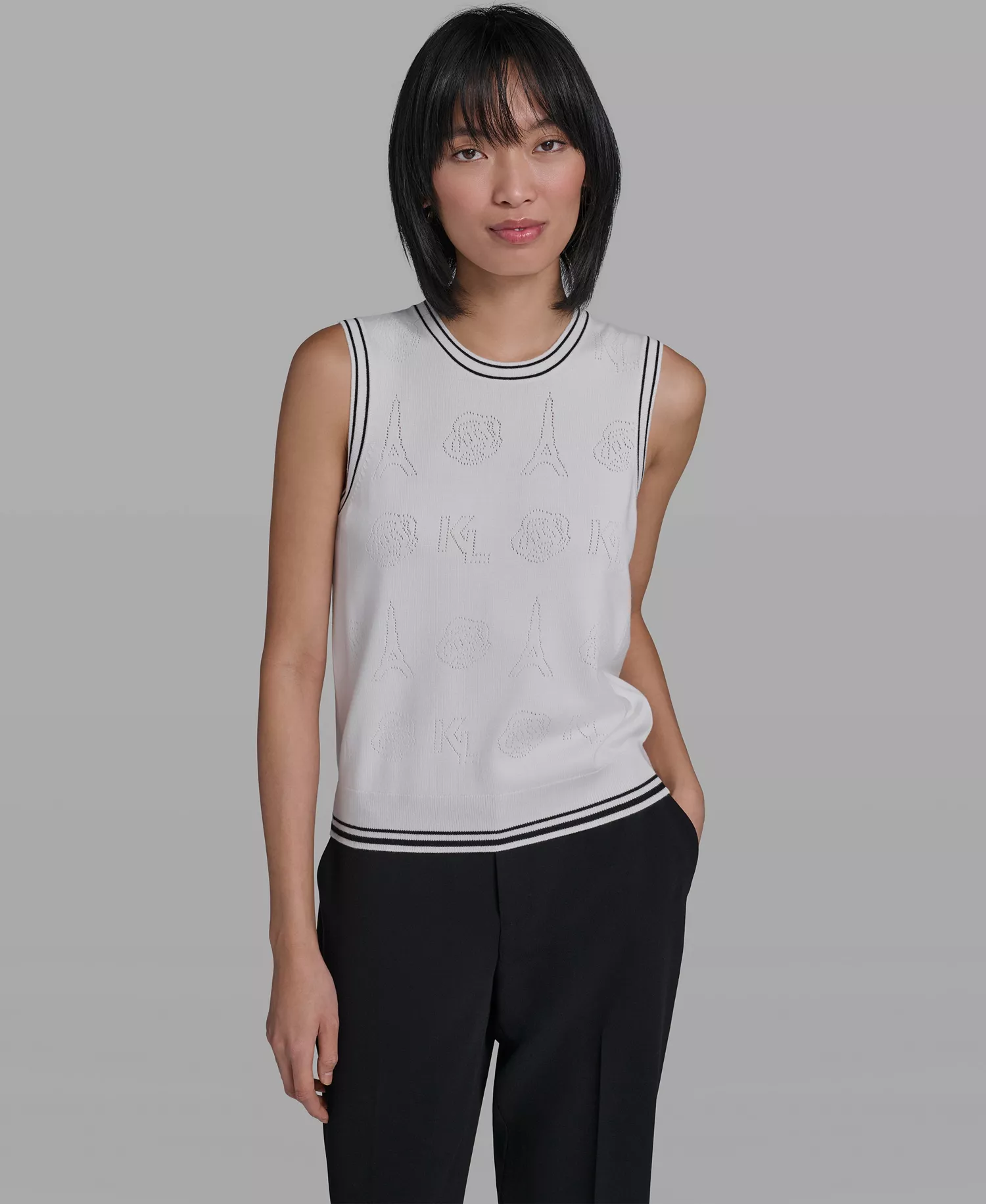 Women's Crew Neck Sleeveless Tank Sweater - Soft White/black - L