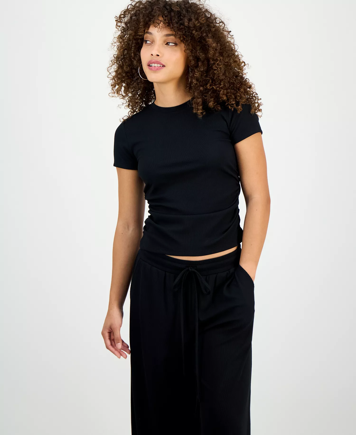 Petite Side-Ruched Ribbed Knit T-Shirt, Macy's Exclusive - Deep Black - P/L