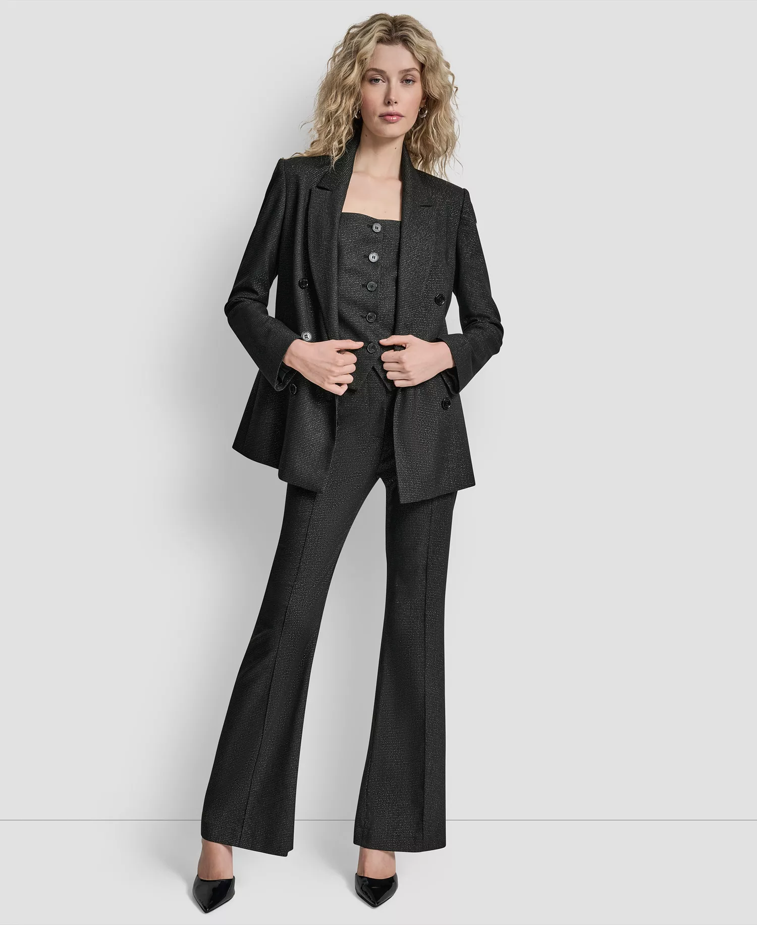 Women's Button-Front Double Breasted Blazer - Black/silver - 10