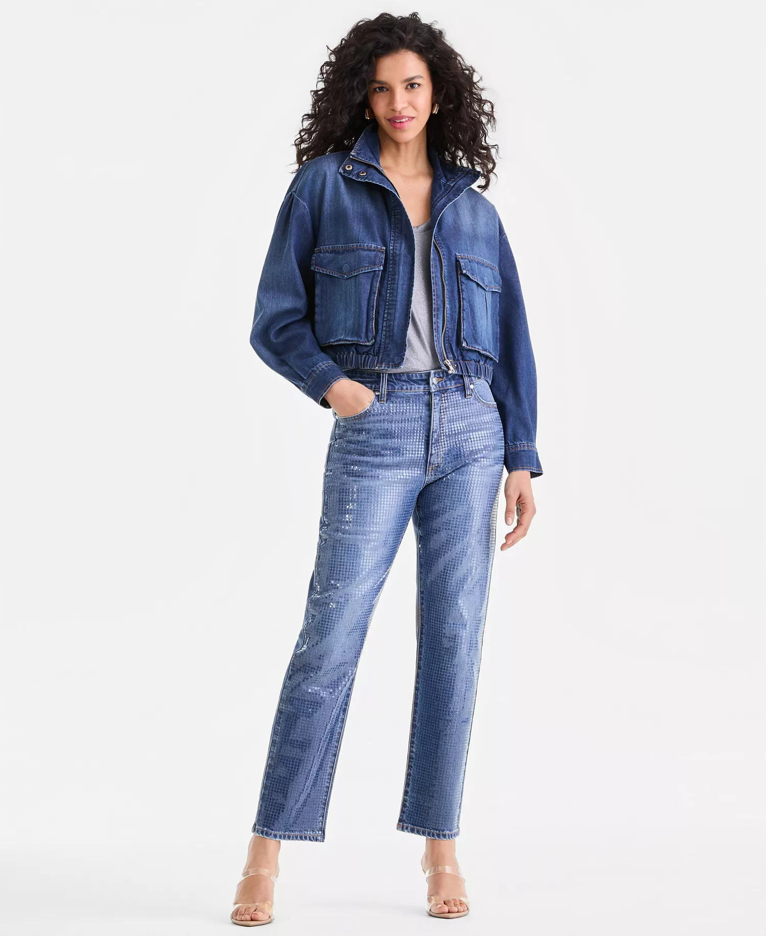 Women's Denim Bomber Jacket, Macy's Exclusive - Blue Sky Wash - L