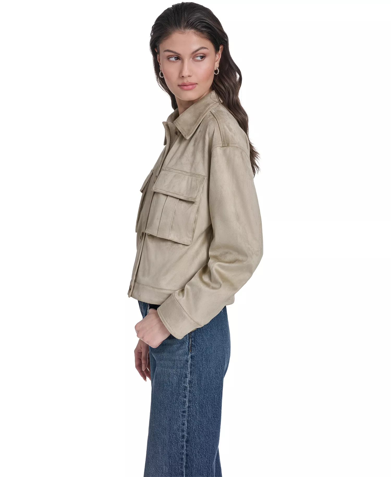 Women's Laydown Collar Front-Button Jacket - Beige - L