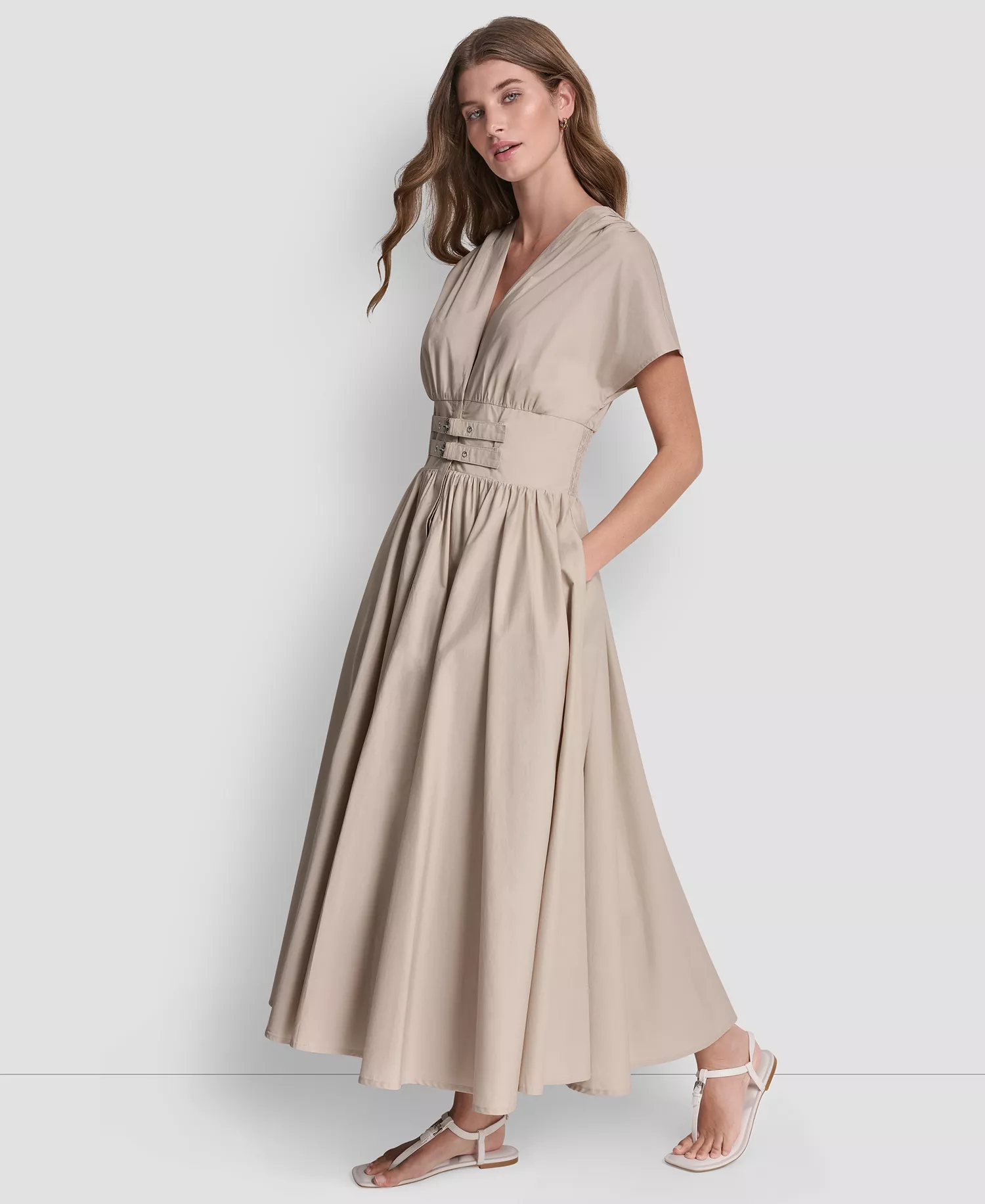 Women's Poplin Smocked-Waist V-Neck Midi Dress - Pebble - L