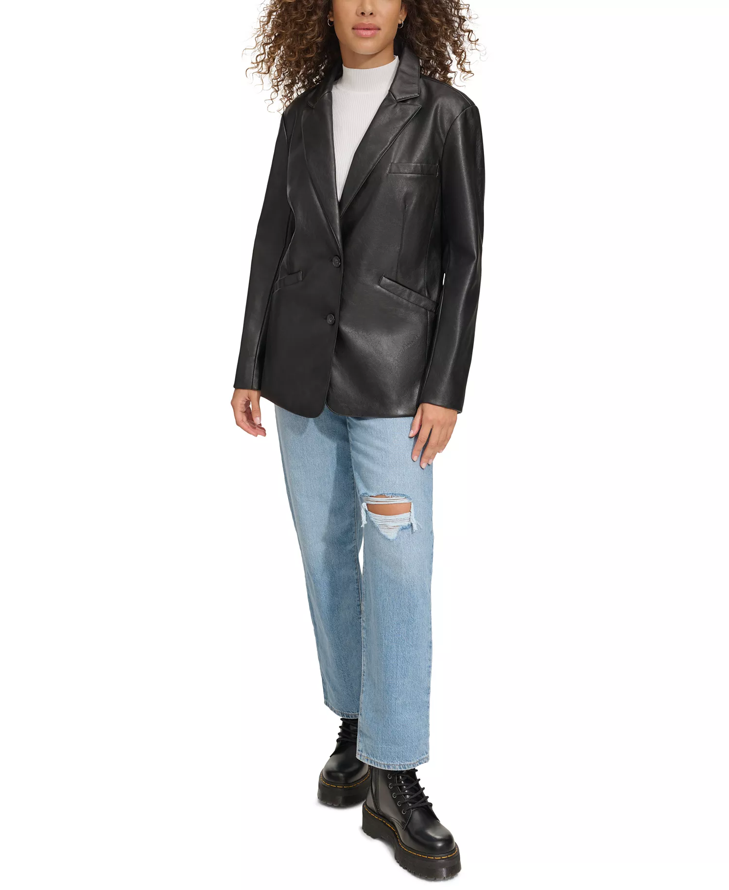 Women's Single-Breasted Faux-Leather Blazer - Black - L