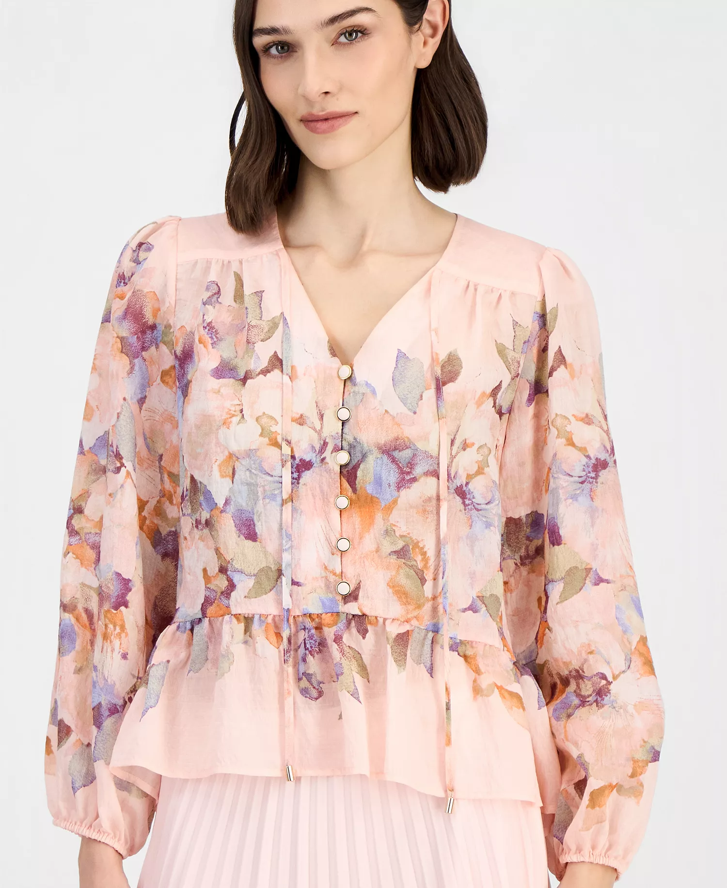 Women's Printed Chiffon Peplum Blouse - Tea Rose Multi - L