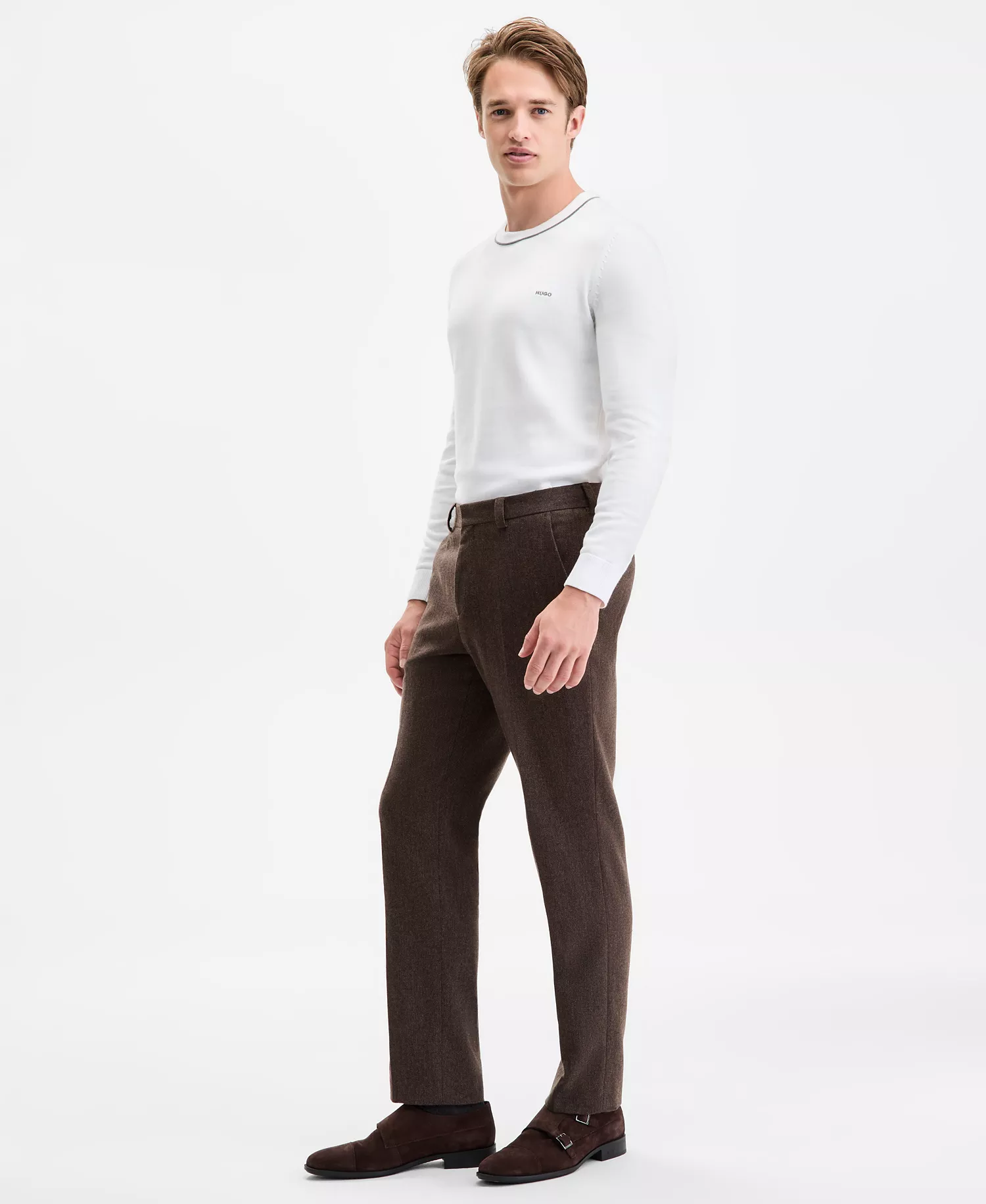 Men's Modern-Fit Herringbone Suit Pants - Brown - 30R