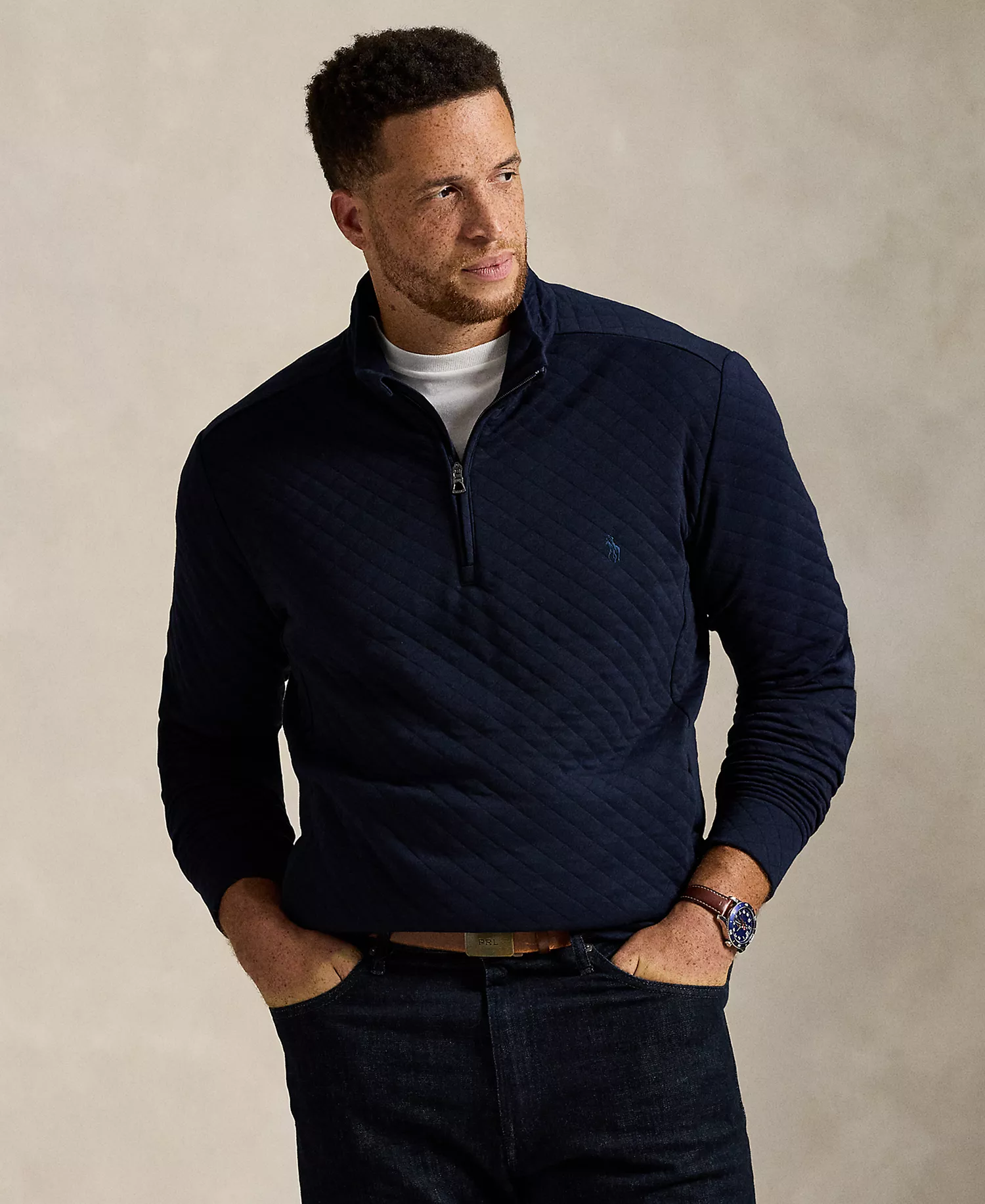 Men's B&T Long Sleeve Quilted Double-Knit Jersey Pull-On Sweater - Aviator Navy - 2LT