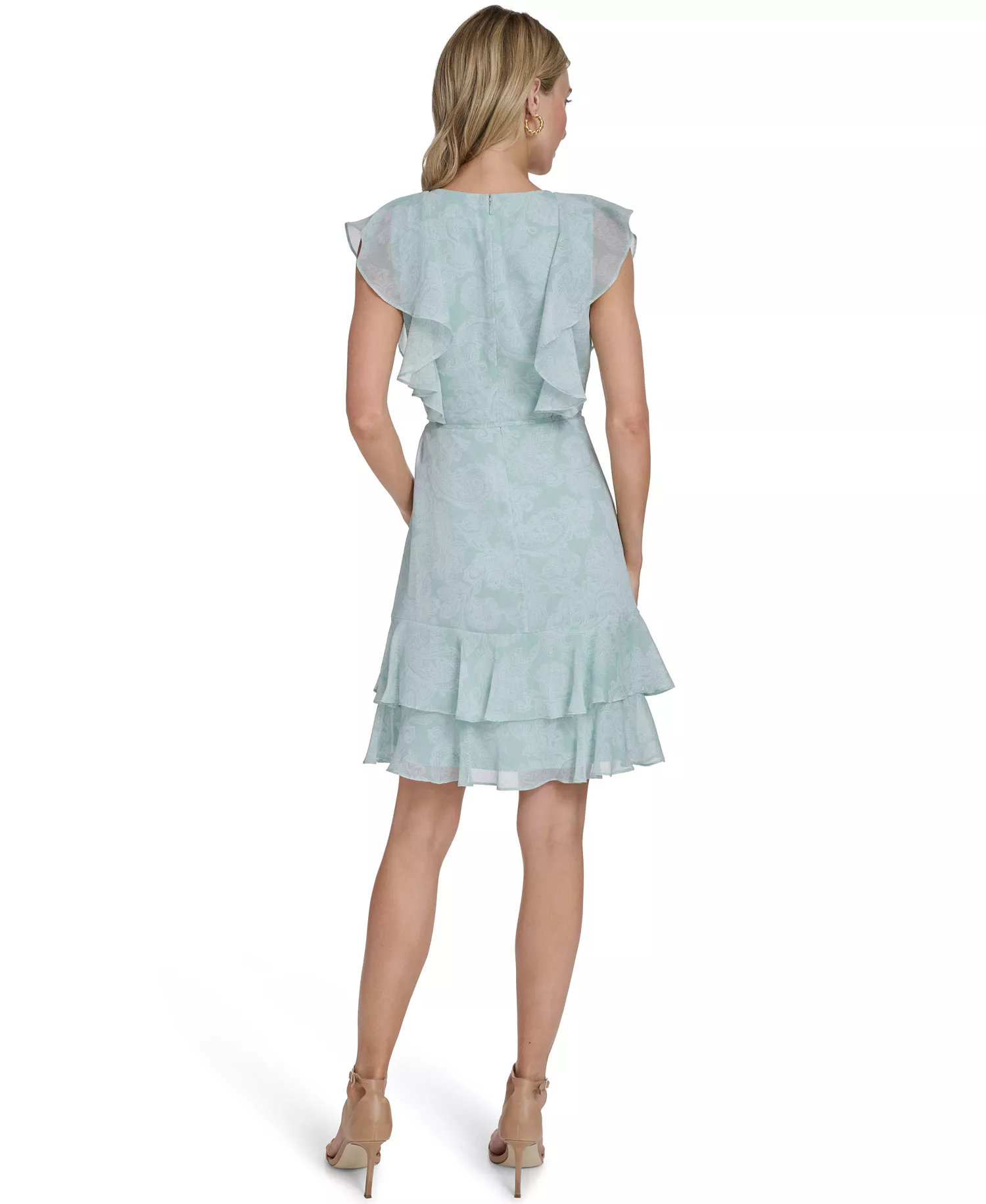 Women's Flutter-Sleeve Belted Mini Dress - Harbor gray/ivory - 10