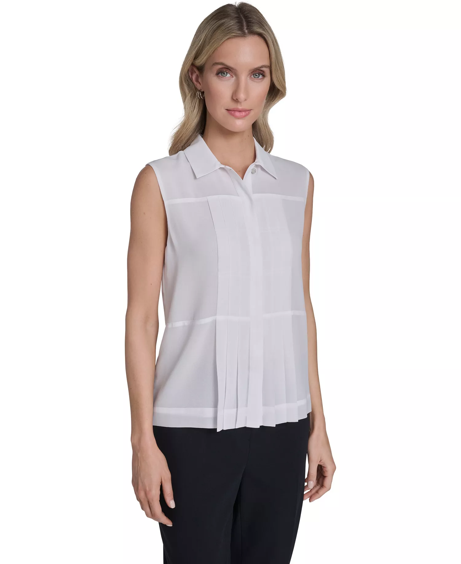 Women's Sleeveless Pleated Front Blouse - White - L