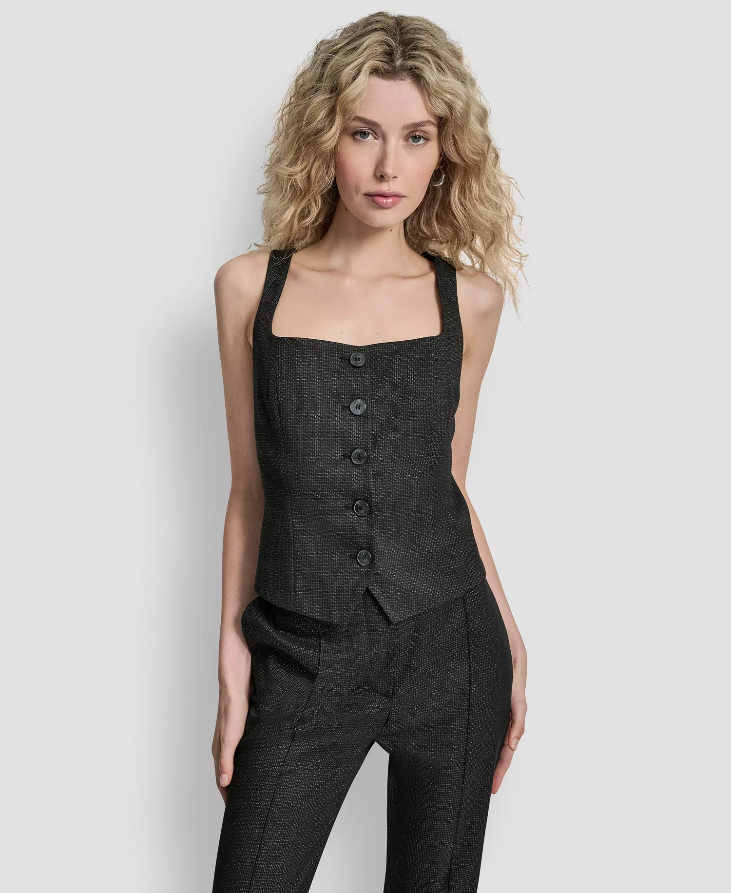 Women's Button Front Sleeveless Vest - Black/silver - 10