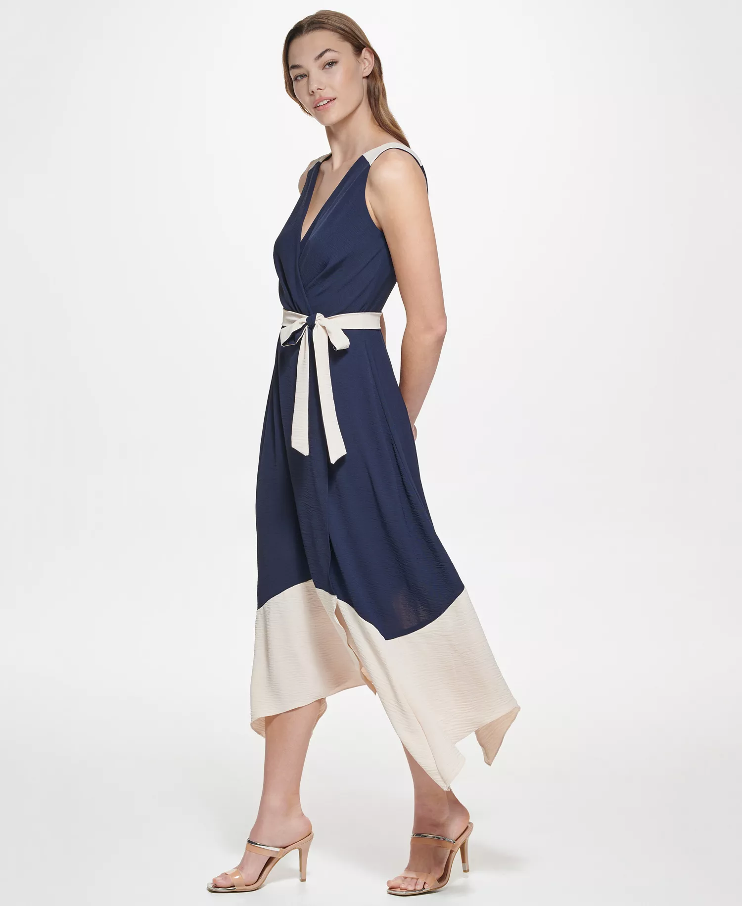 Women's Sleeveless Asymmetrical Midi Dress - Navy/Beige - 10