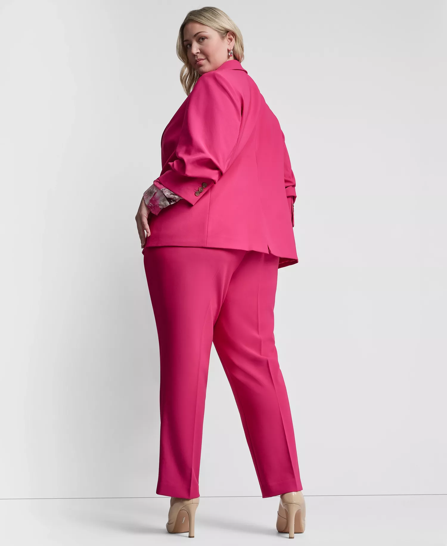 Plus Size 1-Button Ruched-Sleeve Blazer - Hot Pink - 14W