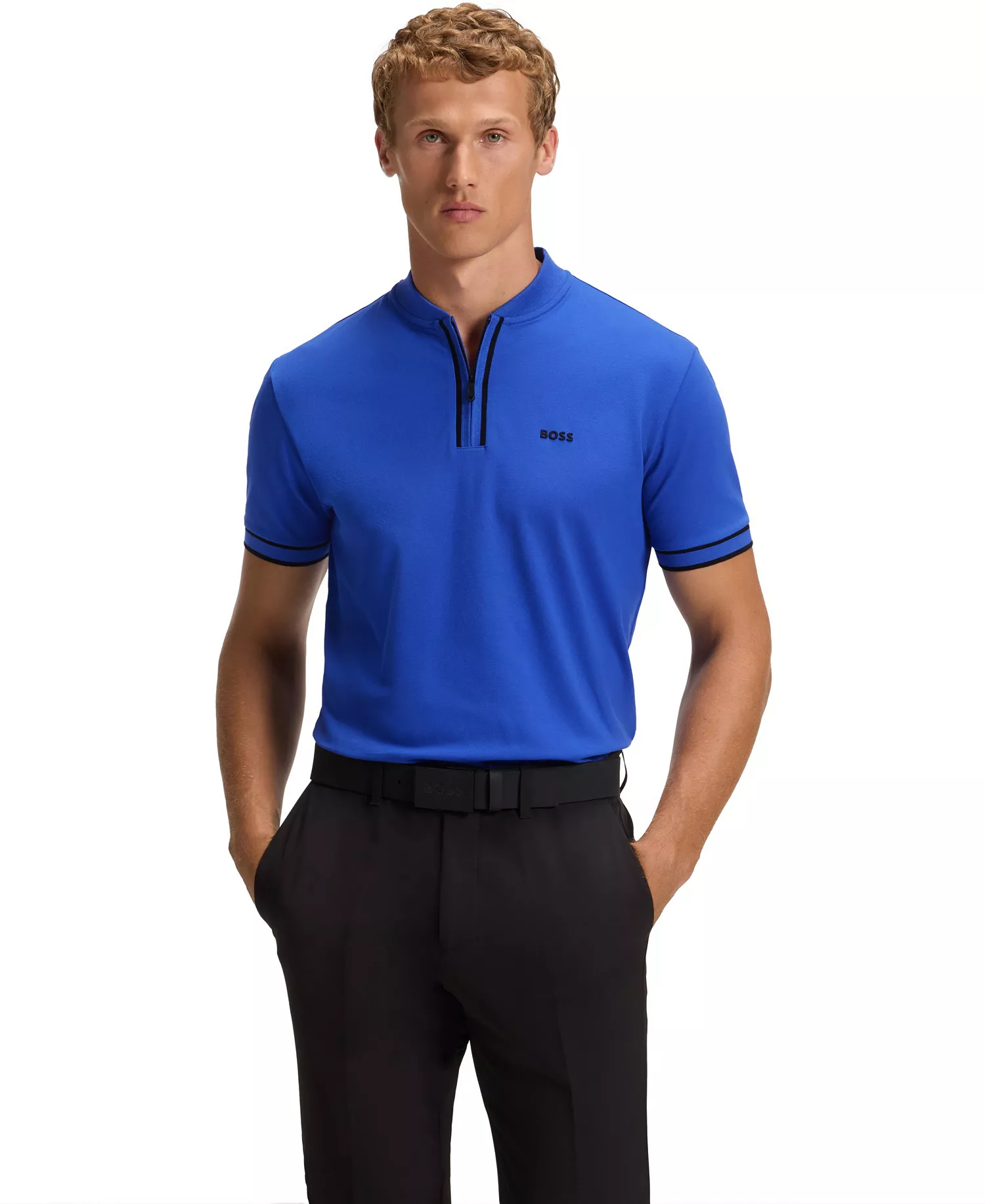 Men's Cotton-Pique Zip-Neck Polo - Blue - M