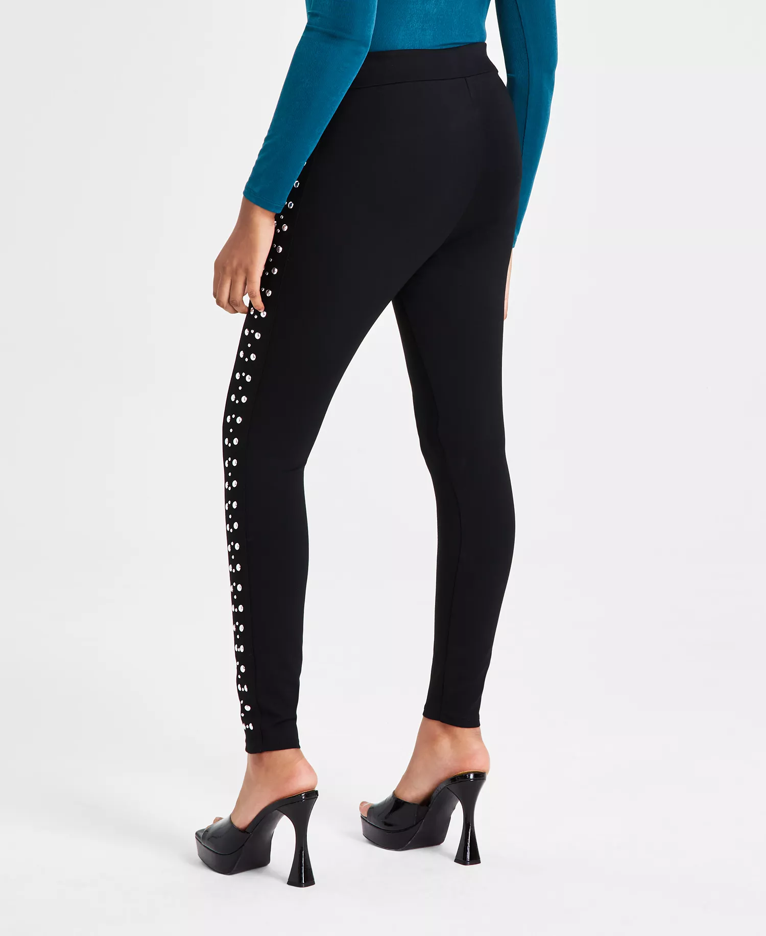 Women's Three-Row Studded Ponté-Knit Leggings, Created for Macy's - Deep Black - XXS