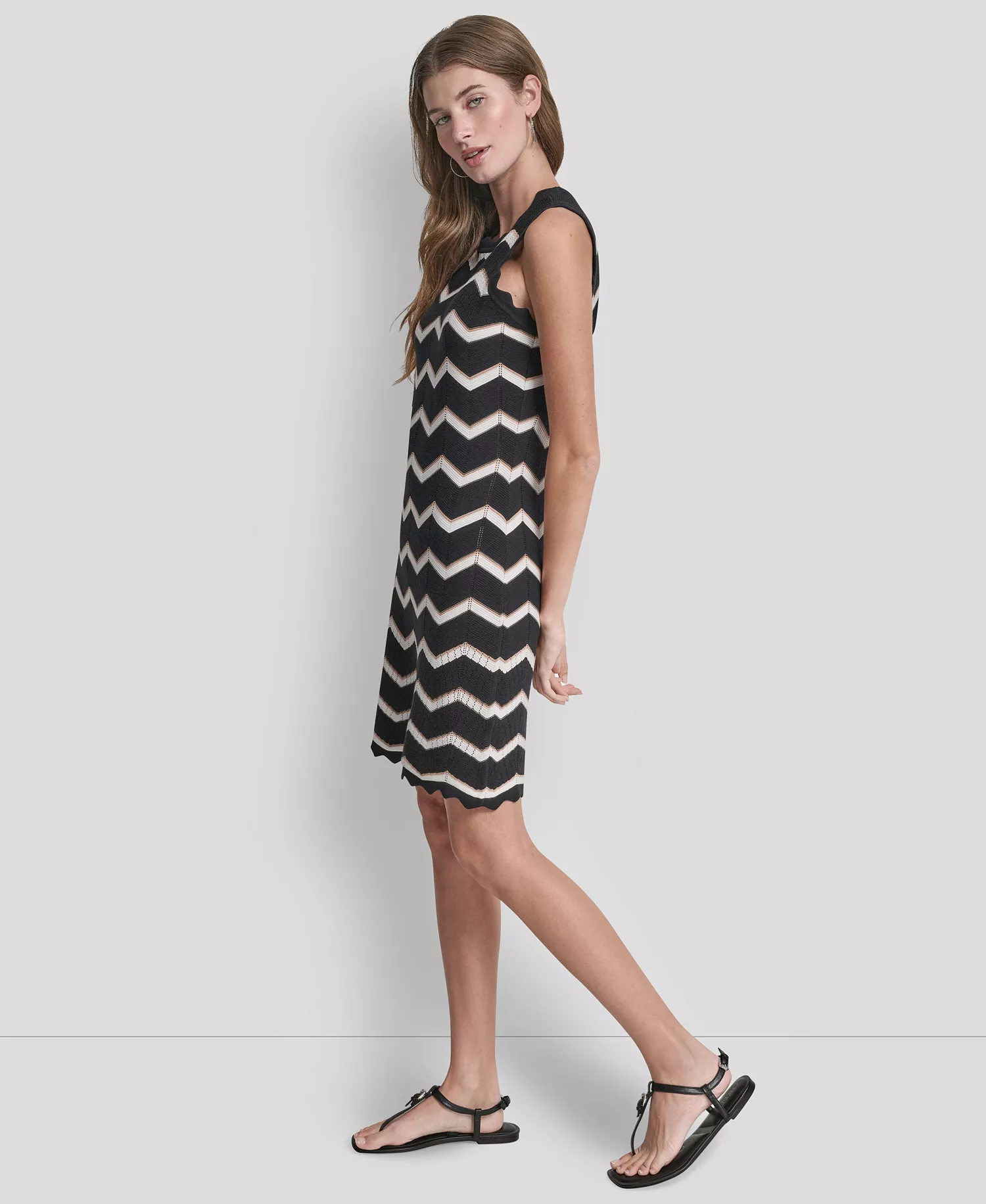 Women's Sleeveless Crew Neck Stripe Short Dress - Black/ivory/teak - L