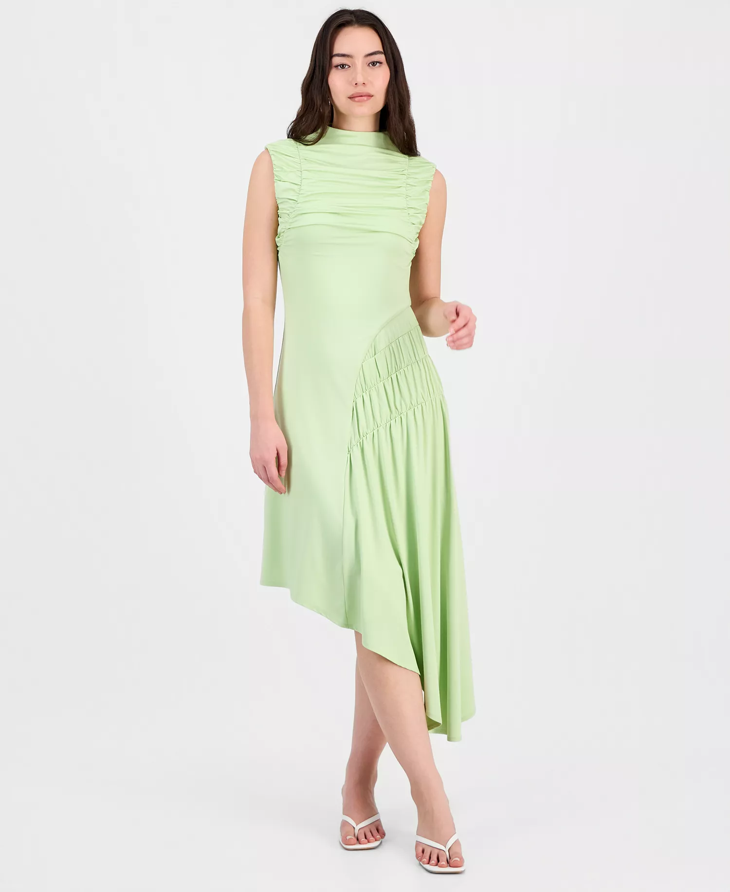 Women's Ruched Asymmetric Midi Dress, Macy's Exclusive - Lime Green - L