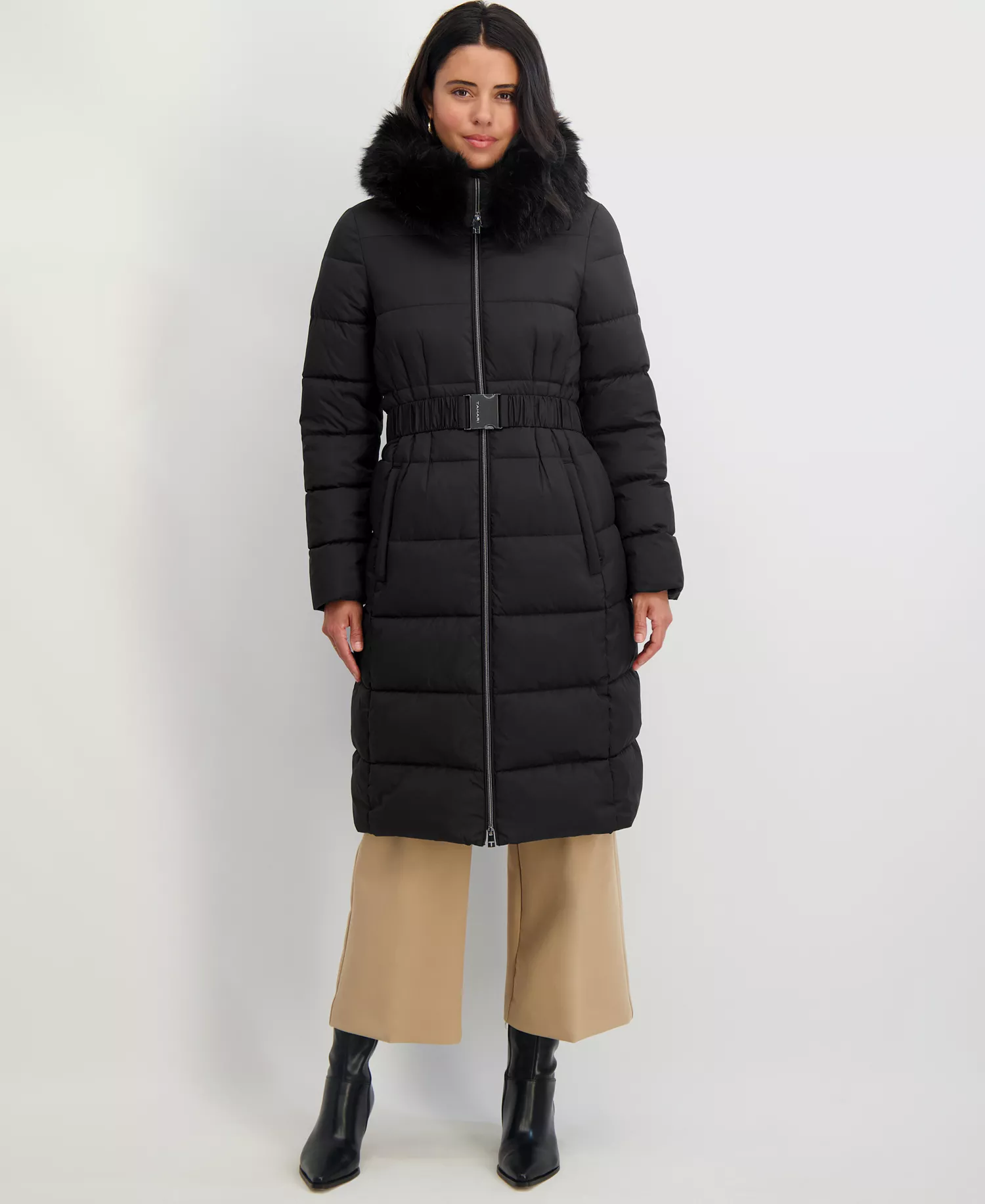 Women's Faux-Fur-Trim Hooded Belted Puffer Coat - Black - L