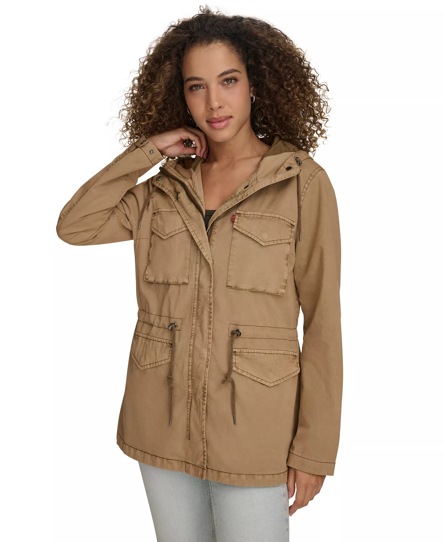 Women's Lightweight Washed Cotton Military Jacket - Camel - L