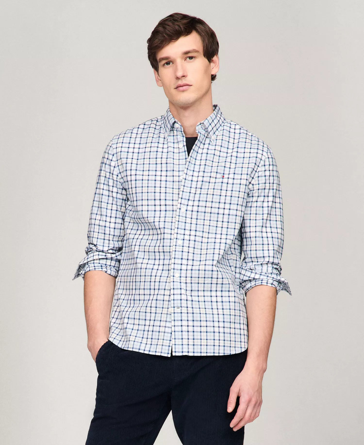 Men's Flex Poplin Tartan Slim-Fit Long-Sleeve Shirt - Deep Indigo/ Breezy Blue Check - 3XLT