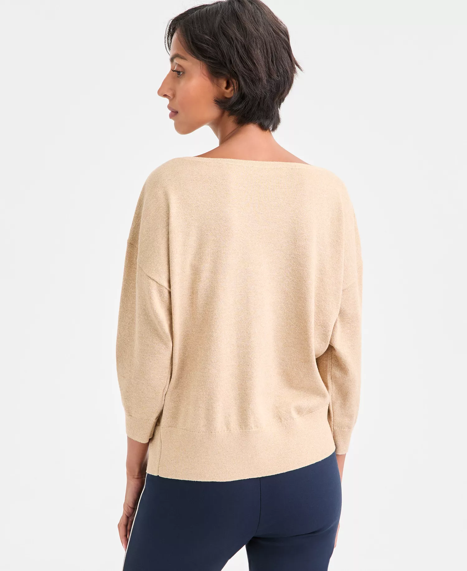 Women's Dolman-Sleeve Boat-Neck Shine Sweater - Light Heather Fawn - S