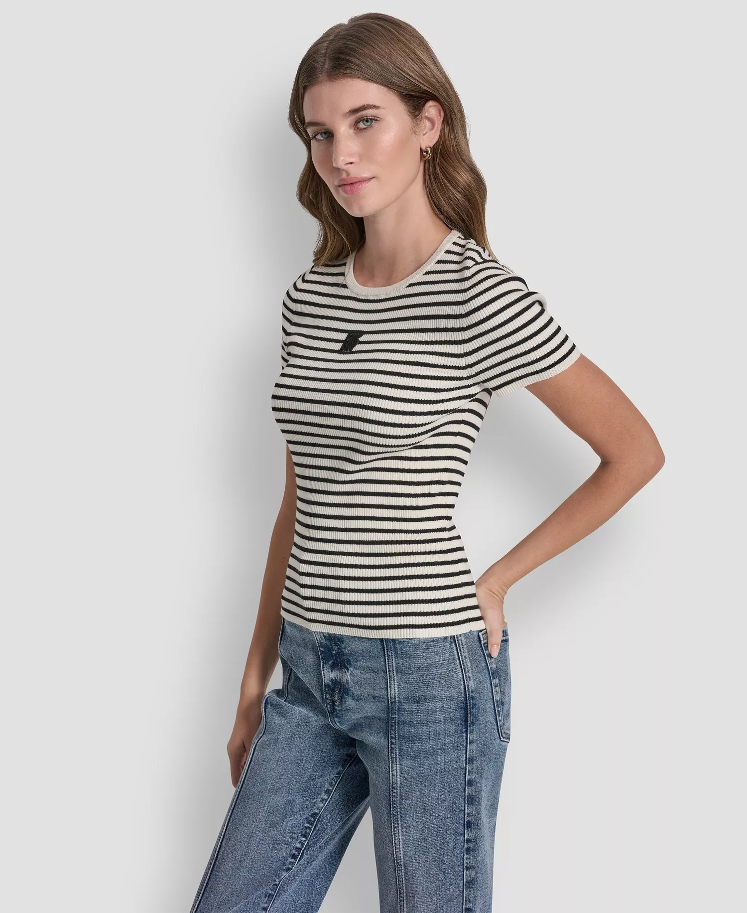 Women's Crew Neck Striped Rib Top - Eggnog/black - L