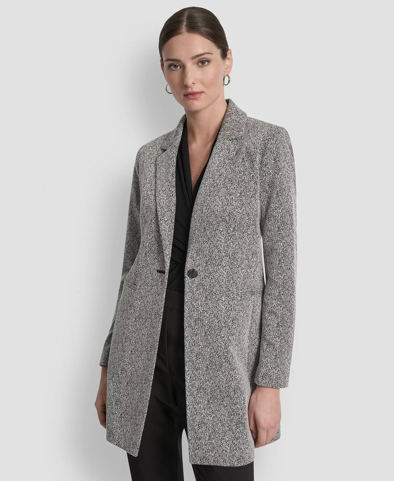 Petites Notch-Lapel Single-Button Long-Sleeve Jacket - Black/White - 10P